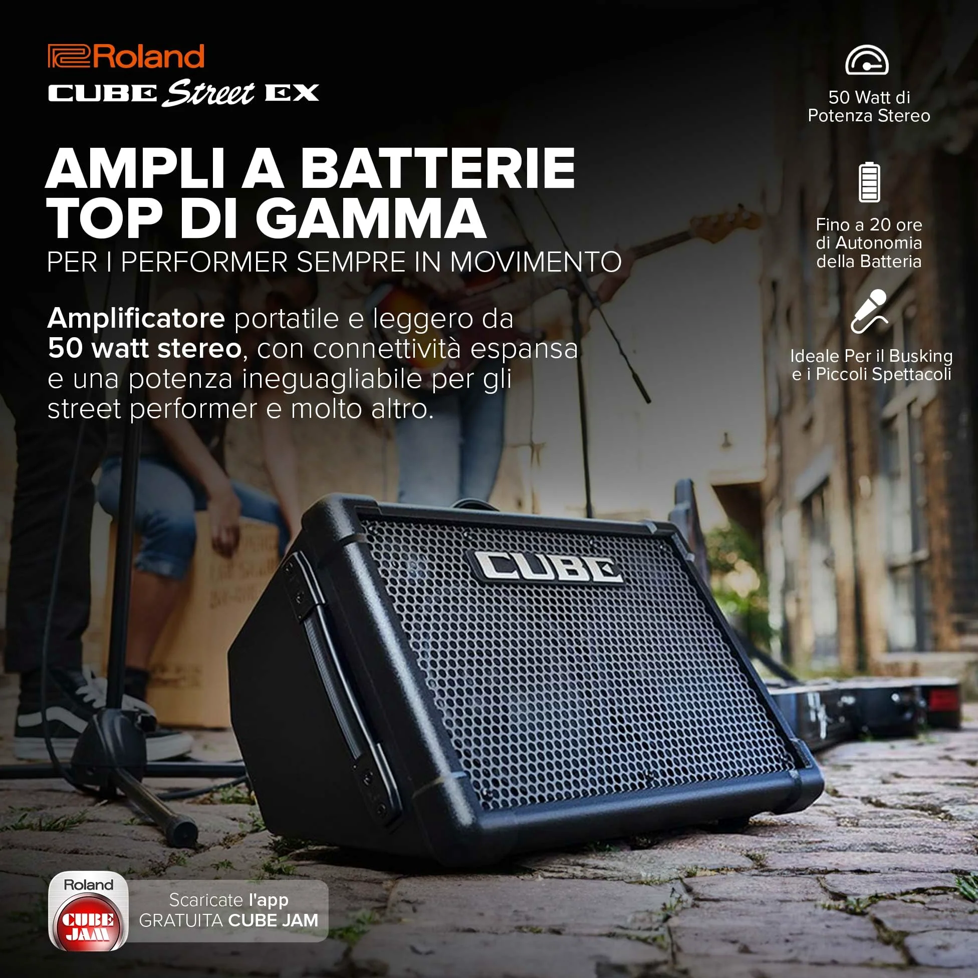 Roland CUBE Street EX | Amplificatore stereo da 50W alimentato a batteria | Suono definito e dinamico | Ideale per le performance all'aperto | Supporta microfoni, strumenti & dispositivi audio