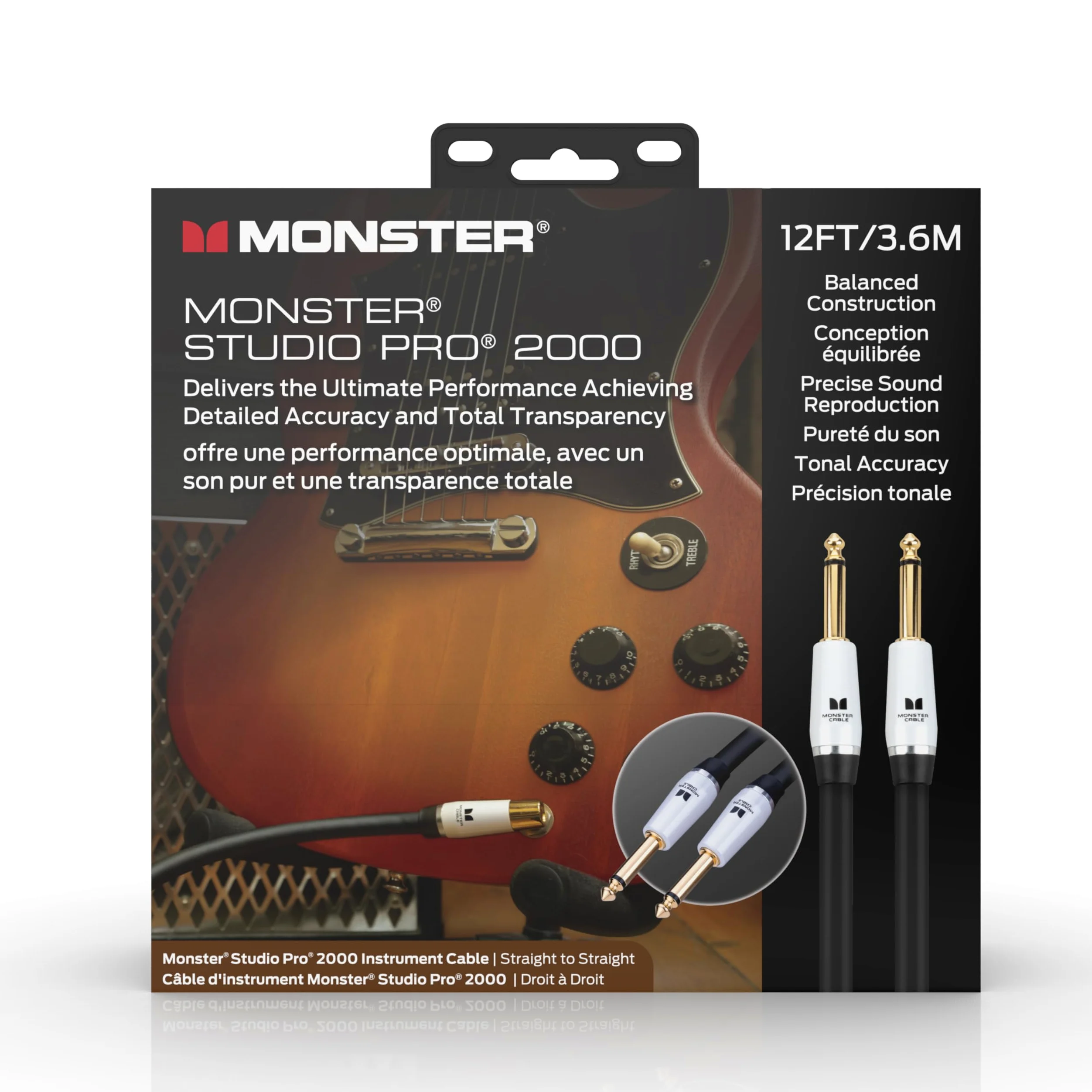 Monster Prolink Studio Pro 2000 - Cavo per strumenti da 3,7 m dritto a dritto, corda per chitarra elettrica intrecciata in rame 95%, rivestimento protettivo Duraflex con contatti in oro 24k