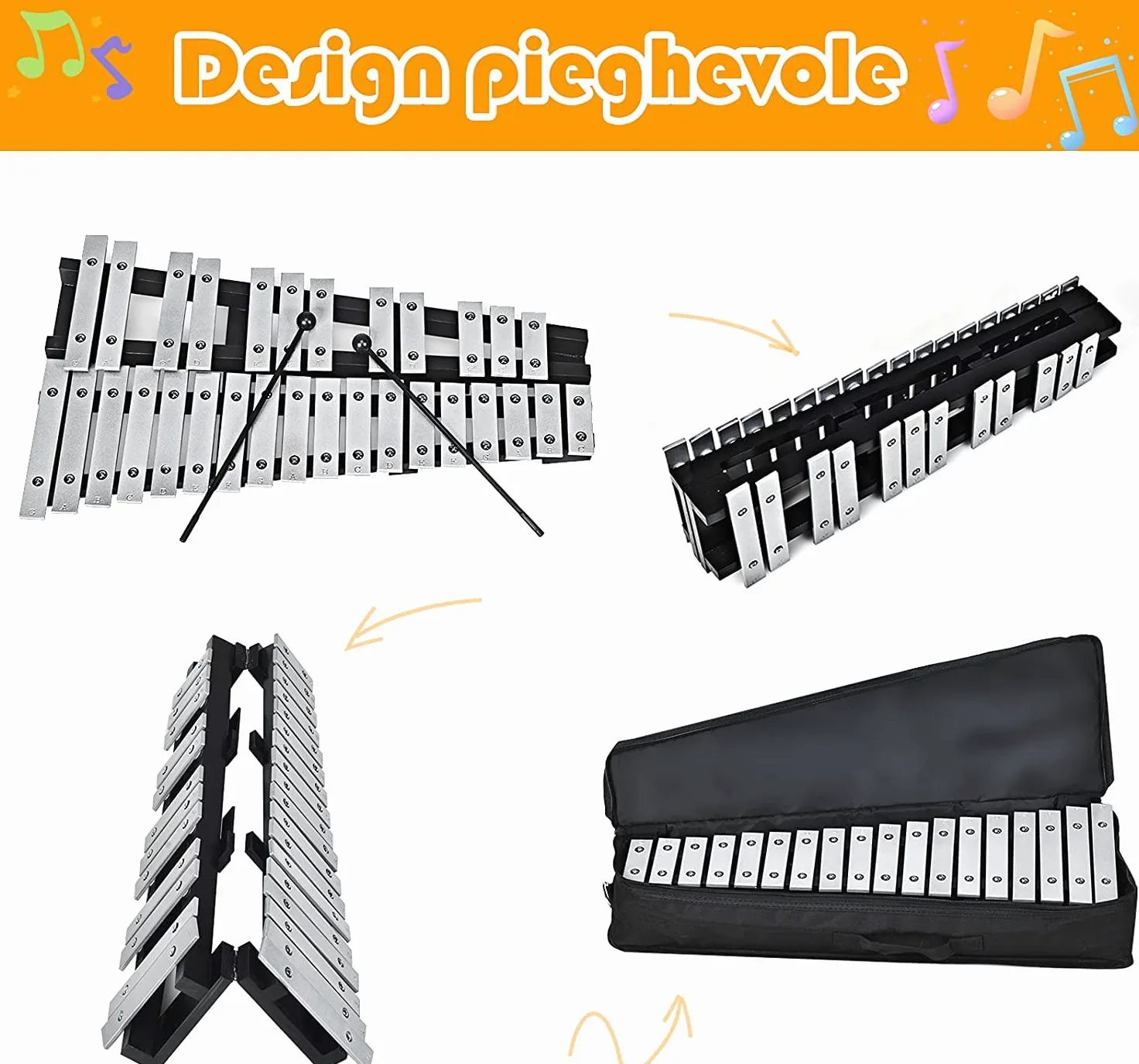 RELAX4LIFE Xilofono con 30 Note in Alluminio e Legno,Portatile e Pieghevole, Educativo con Base in Legno, Mazzuole e Borsa,per Principianti della Musica, 56 x 33 x 5 cm