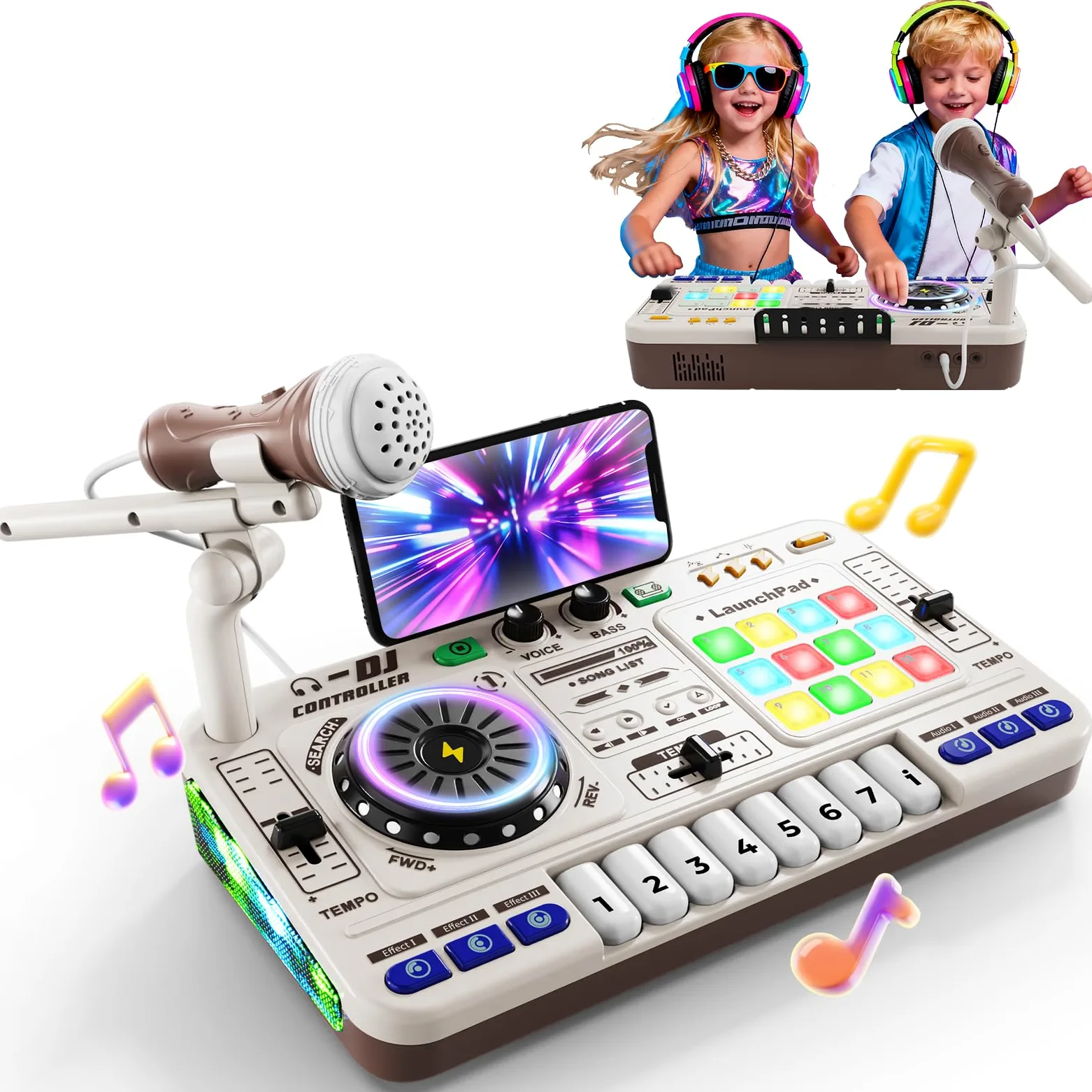 Console DJ per bambini 3-12 anni: mixer, controller, strumenti musicali con microfono, 100+ effetti sonori, luce, batteria, regalo ideale, giocattolo per principianti DJ