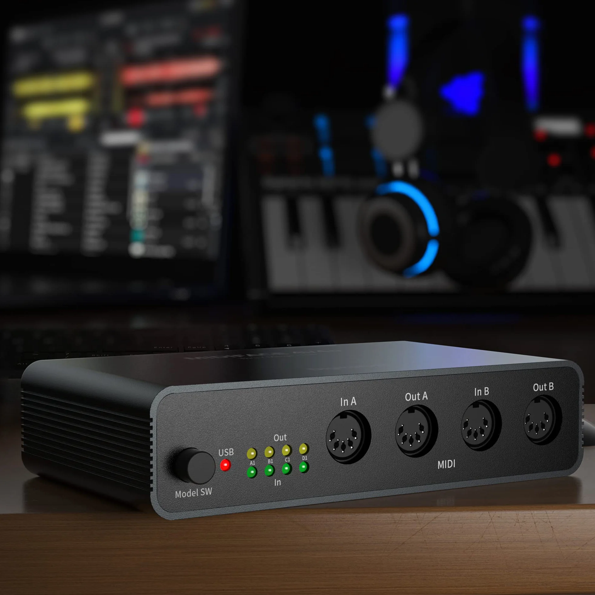 DigitalLife Quad I/O Pro 4x4 Interfaccia MIDI USB – Merge/Thru/Splitter 5-Pin DIN, Struttura in Metallo con 8 Indicatori LED per Tastiere, Synth, Drum Machine & Live Performance | UMB06-B