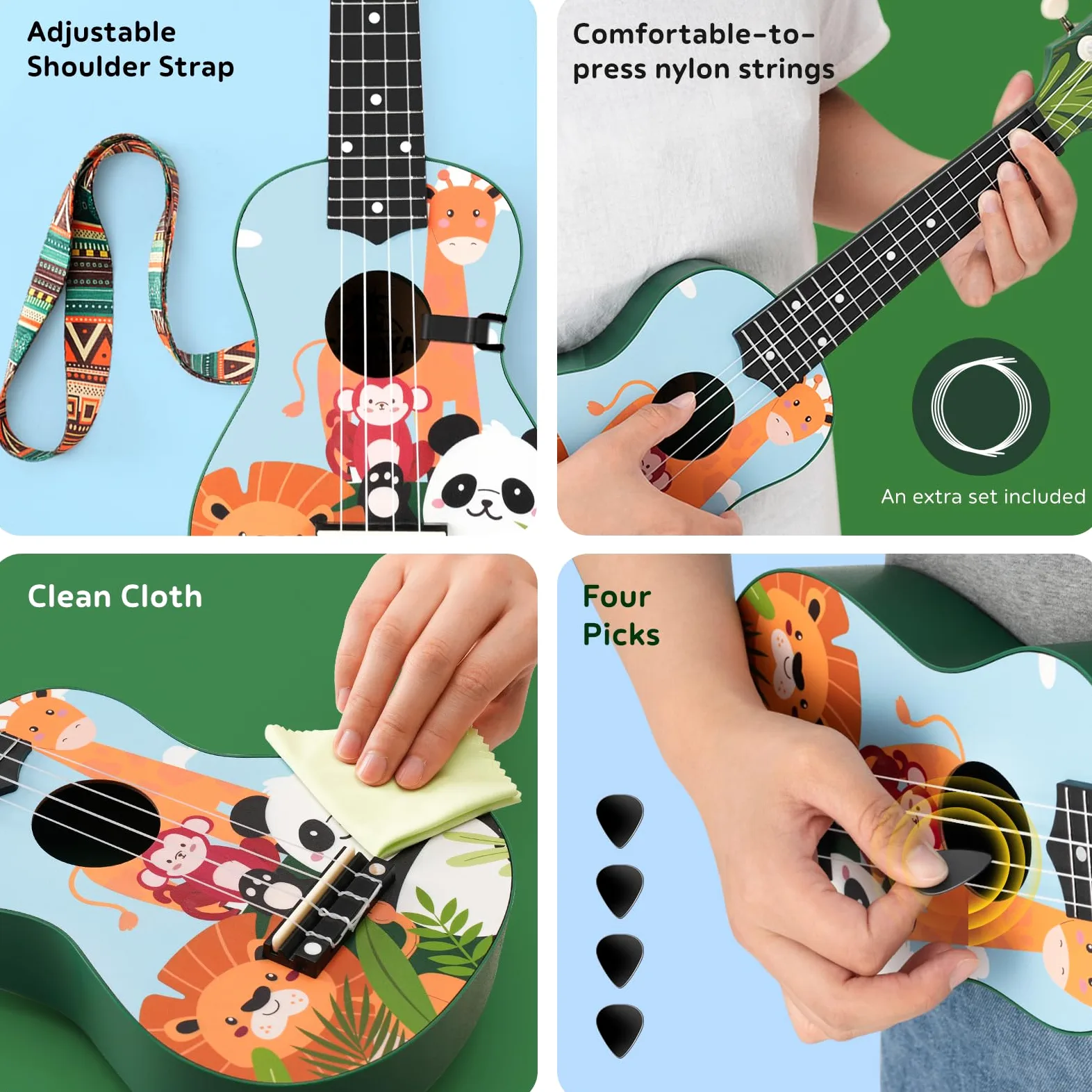 CAHAYA Ukulele soprano con custodia per adulti appassionati: ukulele in tiglio con macchina geared, cinghia, note, corde, panno per la pulizia, 4 plettri, zoo da 21 pollici