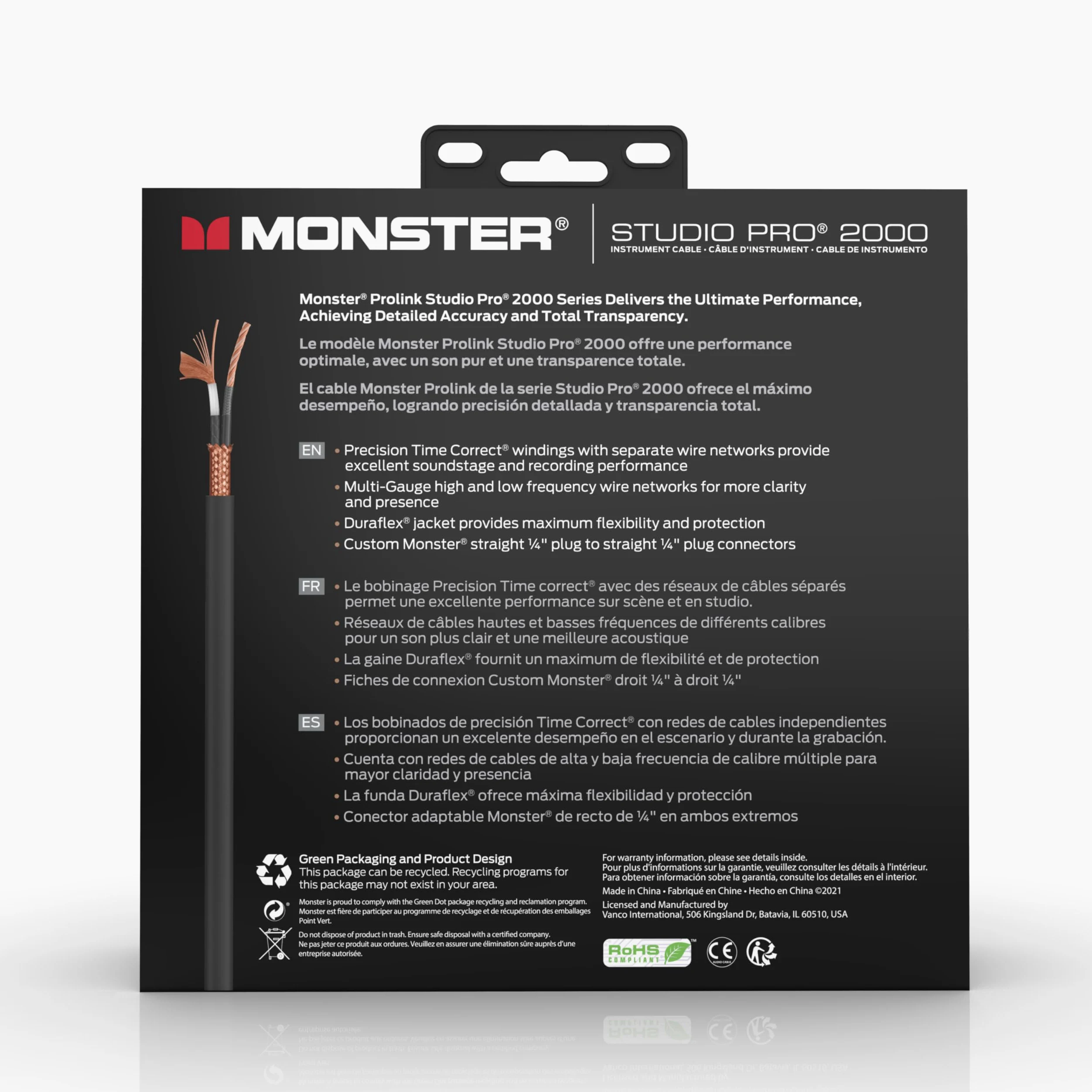 Monster Prolink Studio Pro 2000 - Cavo per strumenti da 3,7 m dritto a dritto, corda per chitarra elettrica intrecciata in rame 95%, rivestimento protettivo Duraflex con contatti in oro 24k