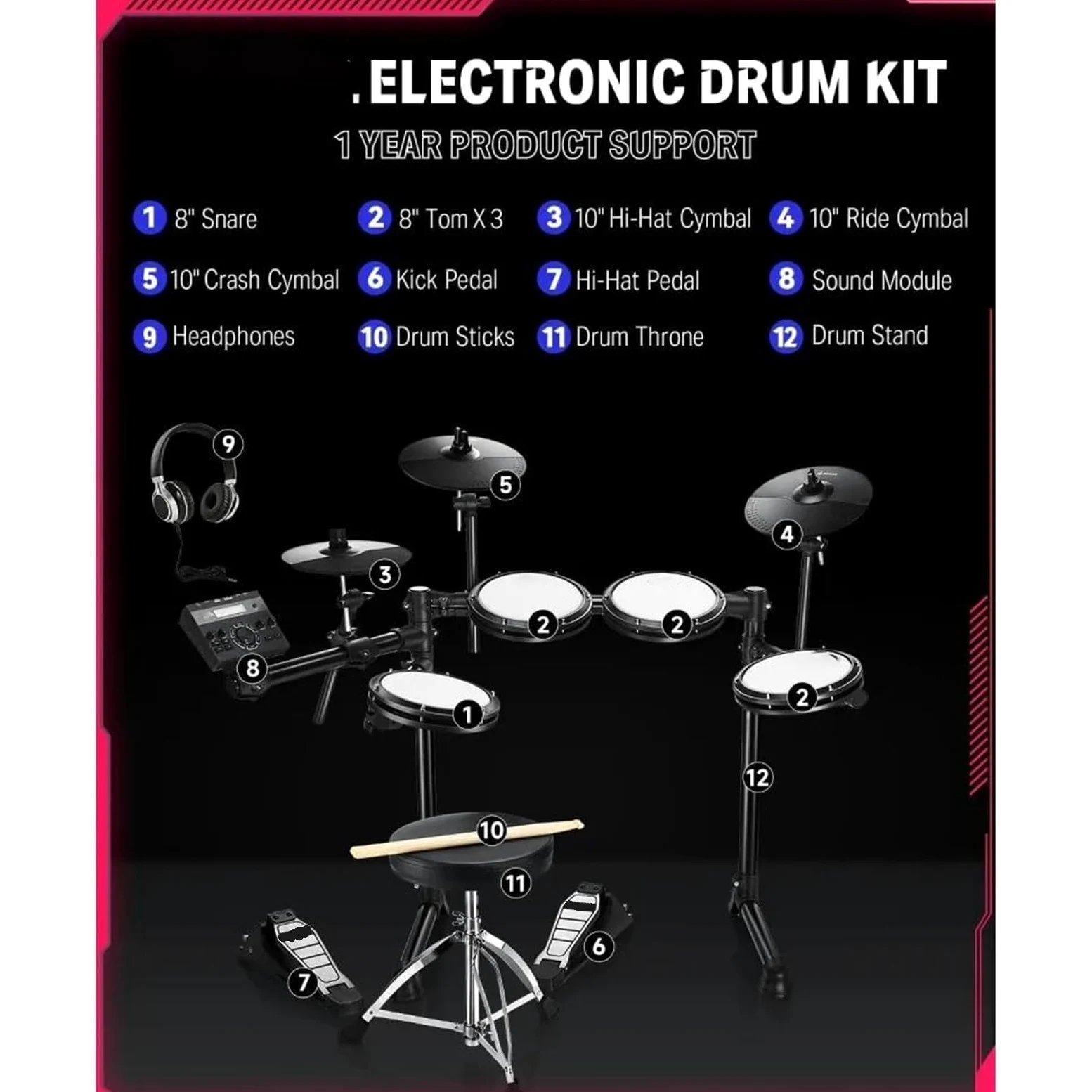 Batteria elettrica Kit batteria elettronica per principianti con oltre 450 suoni USB MIDI Mesh Pad silenziosi Cuffie trono Principianti batteria elettronica