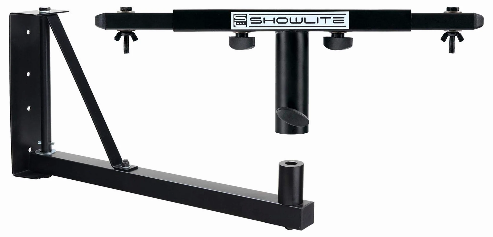 Set Trave Trasversale Showlite SAT-02 T con Supporto a Parete per Casse (Robusto Supporto a Parete con Flangia da 36 mm incluso con traversa adatta per 2 faretti) Nero