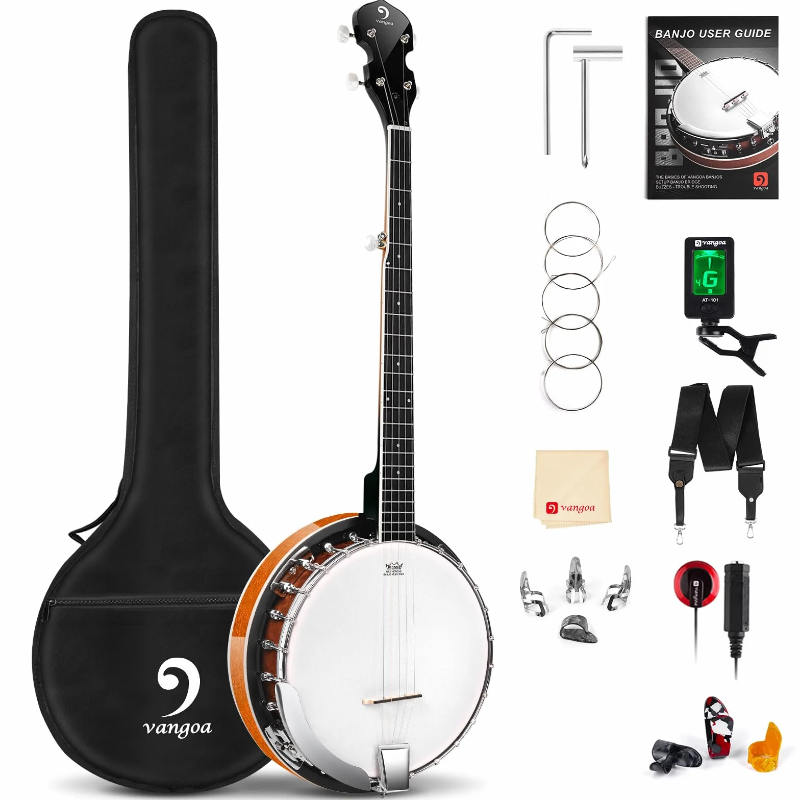 Vangoa Banjo a 5 corde con Remo Testa Chiusa Indietro Solida Banjo con Kit per Principianti, Accordatore, Cinghia, Pick up, Archi, Plettri e Borsa
