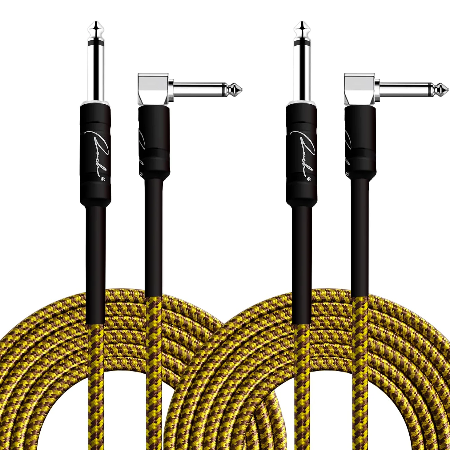 Ranch Confezione da 2 cavi a spirale da 6,1 m per strumenti elettrici e basso, da 1/4 ad angolo retto, per chitarra elettrica, basso, mandolino, Pro Audio, oro