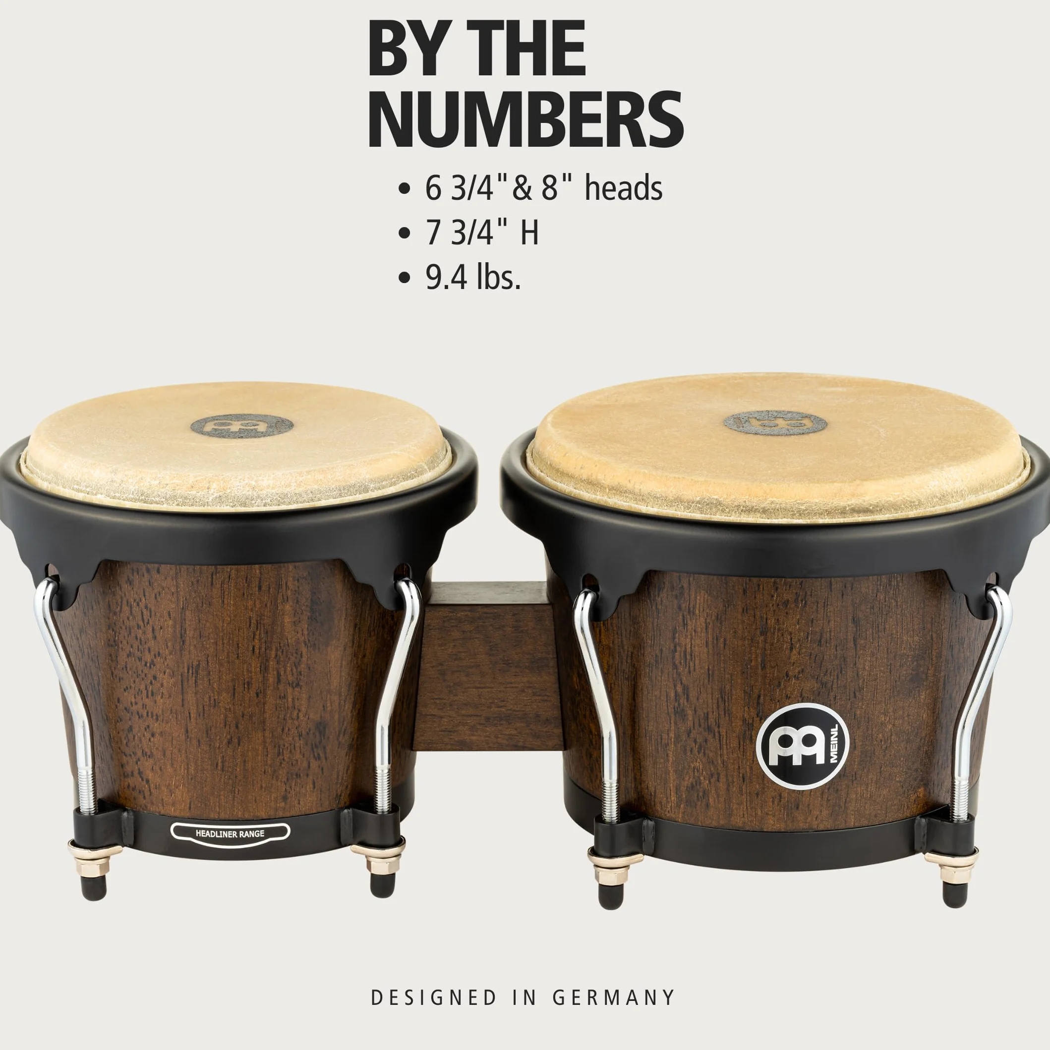 Meinl Percussion Bongos Headliner Wood - 2 Tamburi a Mano da 6.75 e 8 Pollici - Chiave Accordatura Inclusa - Quercia del Siam, Black (HB100VWB-M)