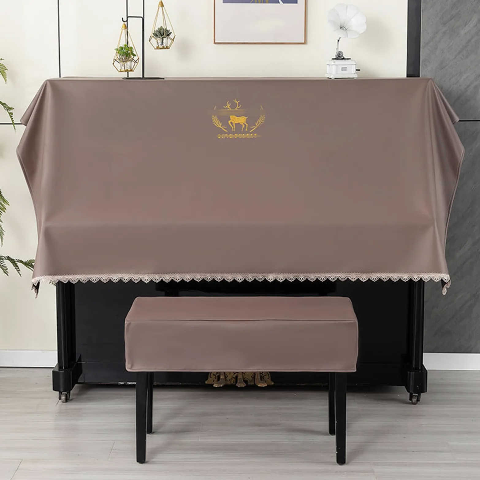 Telo Copri-Polvere per Pianoforte, Copri-Tasti per Pianoforte, Copri-Sgabello, Copertura Protettiva Universale per Pianoforte Verticale, Mezza Copertura con Ricamo di Cervo, Copertura protet