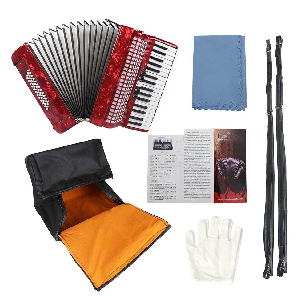 Fisarmonica in acero a 34 tasti e 48 bassi, corpo in xilofono solido, soffietto in pelle di agnello, vernice spray rossa for pianoforte, adatta a principianti e professionisti, inclusa borsa e imbraca