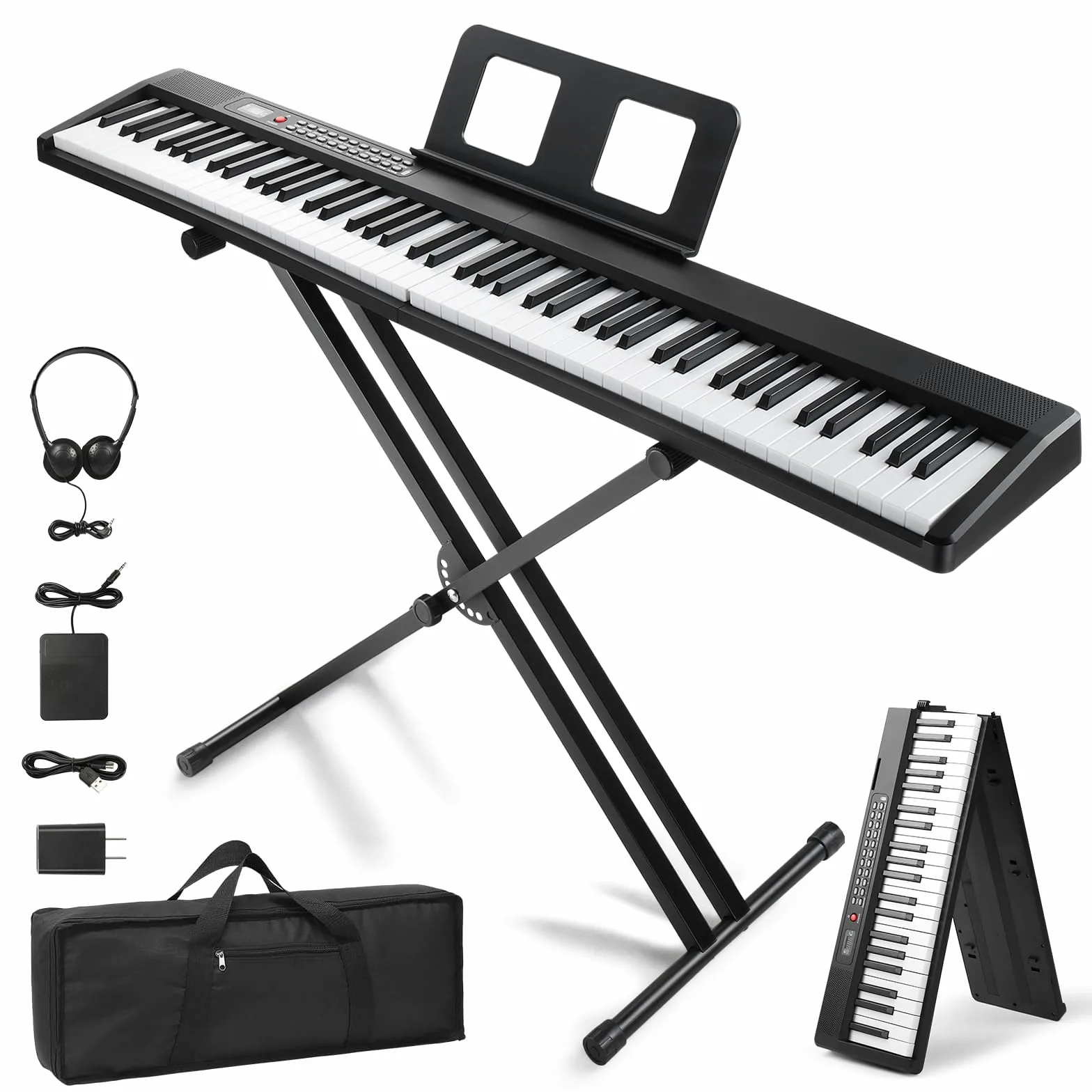 LEADZM Pianoforte digitale pieghevole a 88 tasti, pianoforte semi-ponderato con doppio tubo a forma di X, tastiera con doppia modalità Bluetooth, 1000 ritmi, 1000 toni e 50 demo (nero)