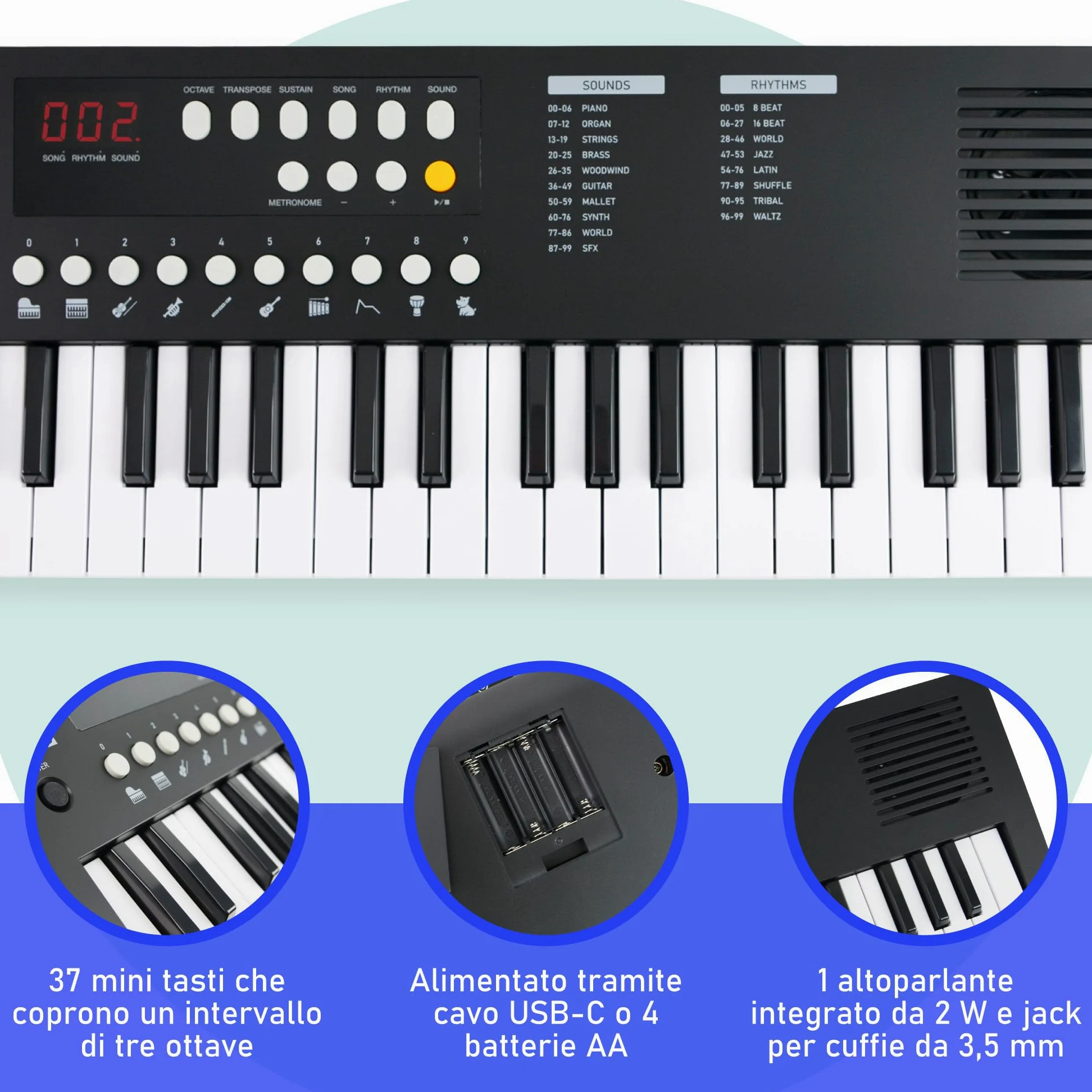 Axus 37 Mini Tastiera Portatile In Midnight Black - Divertente Pianoforte Elettrico Per Principianti, Usb-C O Alimentazione A Batteria