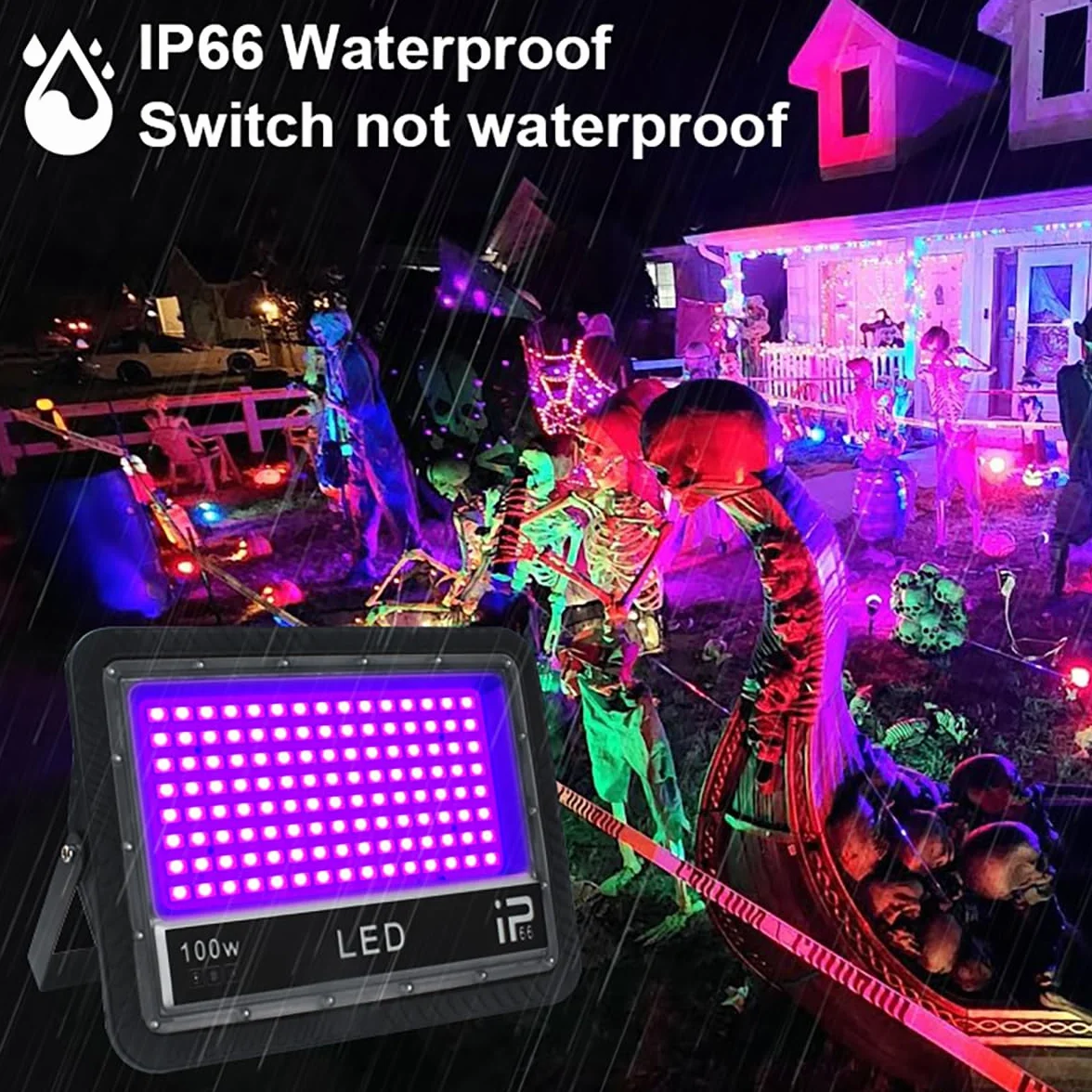 CREATESTAR Luce Nera UV 100W, Faretto Con Spina, 395-405nm LED Impermeabile IP66 Ultravioletta per Festa, Bar, Fluorescente, Halloween, Acquario (2 Pezzi)