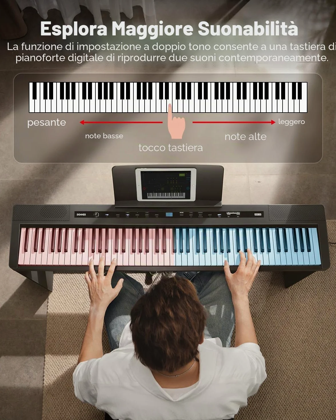 Donner DEP-16A Pianoforte Digitale per Principianti 88 Tasti a Grandezza Naturale, Pianoforte Elettrico Portatile con Unità a 3 Pedali