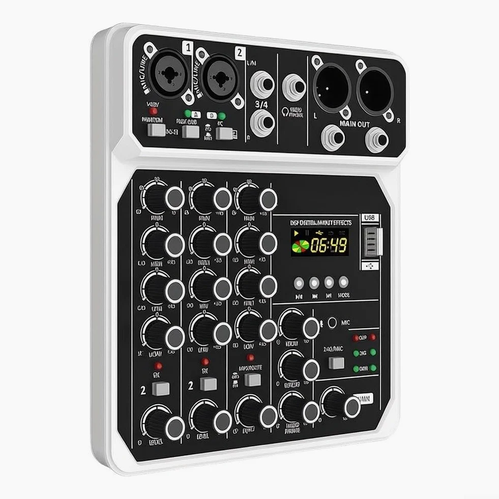 Mixer audio a 4 canali, 48 V Phantom Power USB riproduzione MP3 doppio ingresso microfono per canto all'aperto e prove di gruppo mixer audio