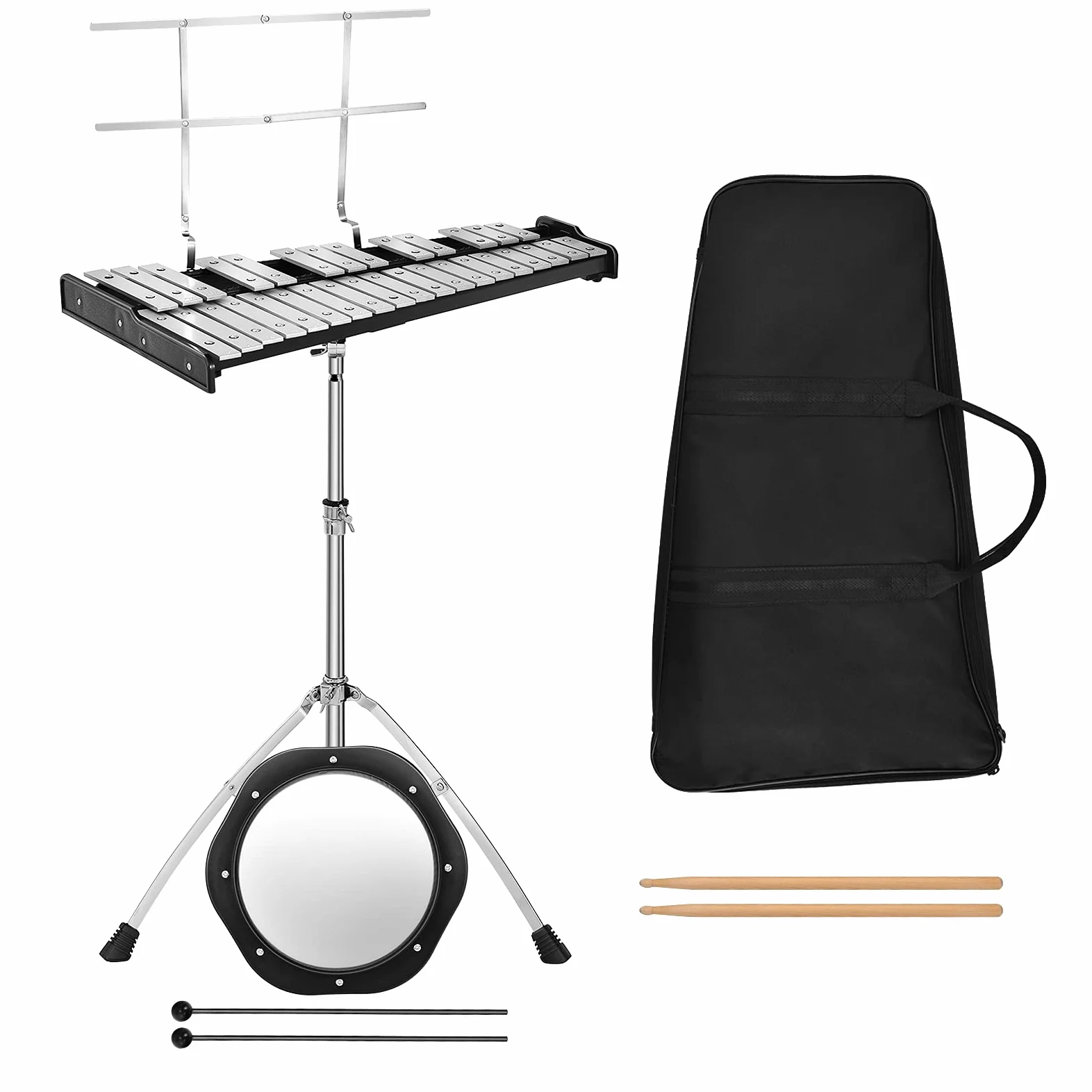 GYMAX Glockenspiel Professionale, Xilofono Pieghevole da 32 Note in Alluminio per Bambini, con Supporto Regolabile, Leggio, Bacchette in Legno, Custodia Trasportabile, Tamburo da Allenamento