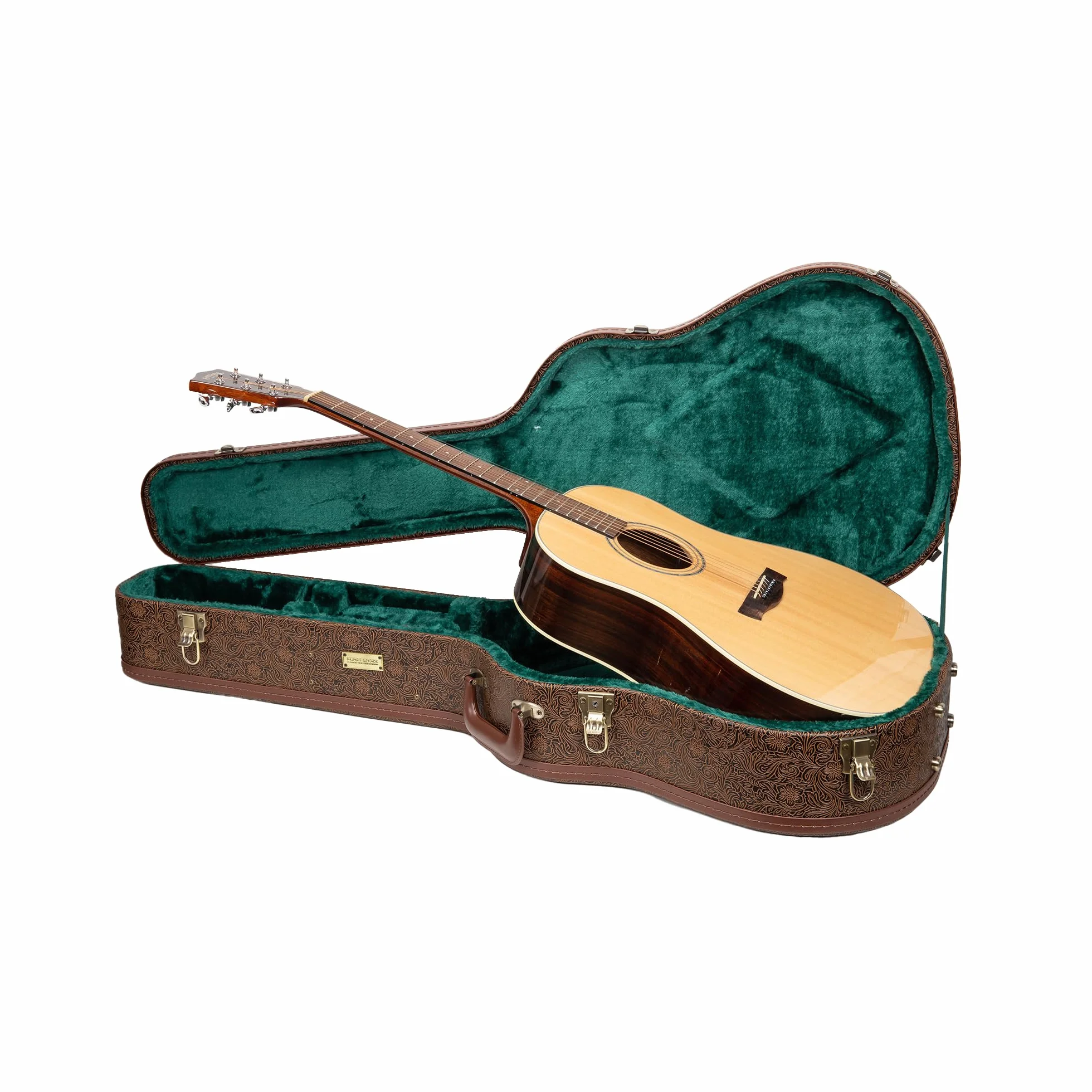 Crossrock Custodia per chitarra Dreadnought della serie Dreadnought per Gibson J-45/Martin D-Style, ecopelle marrone fiore, interno in velluto verde foresta, serratura, custodia rigida in legno di