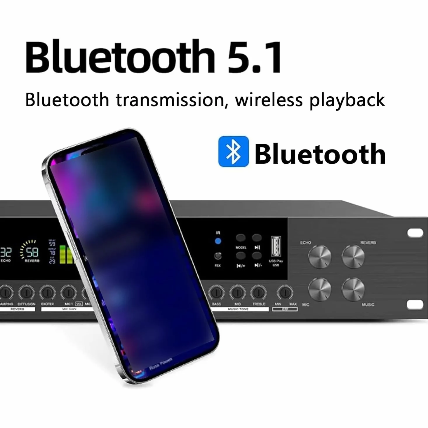 Processore audio digitale con equalizzatore a 15 bande con schermo LCD, telecomando, riproduzione USB/Bluetooth, anti-ulula, riverbero DSP multi-effetto