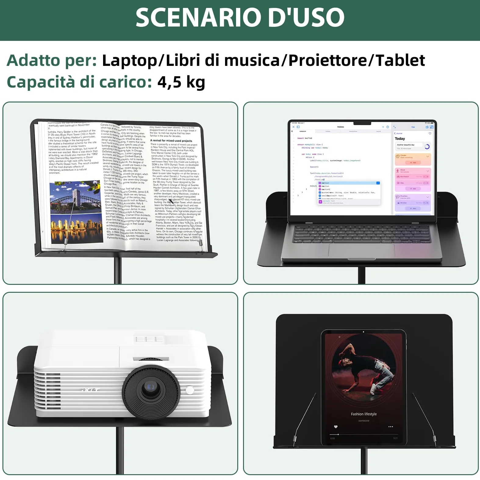 GLEAM Leggio per Spartiti - Interamente in Metallo con Borsa da Trasporto, Supporto per Telefono, Porta Spartiti e Clip, Supporto per Libri da Tavolo 5 in 1