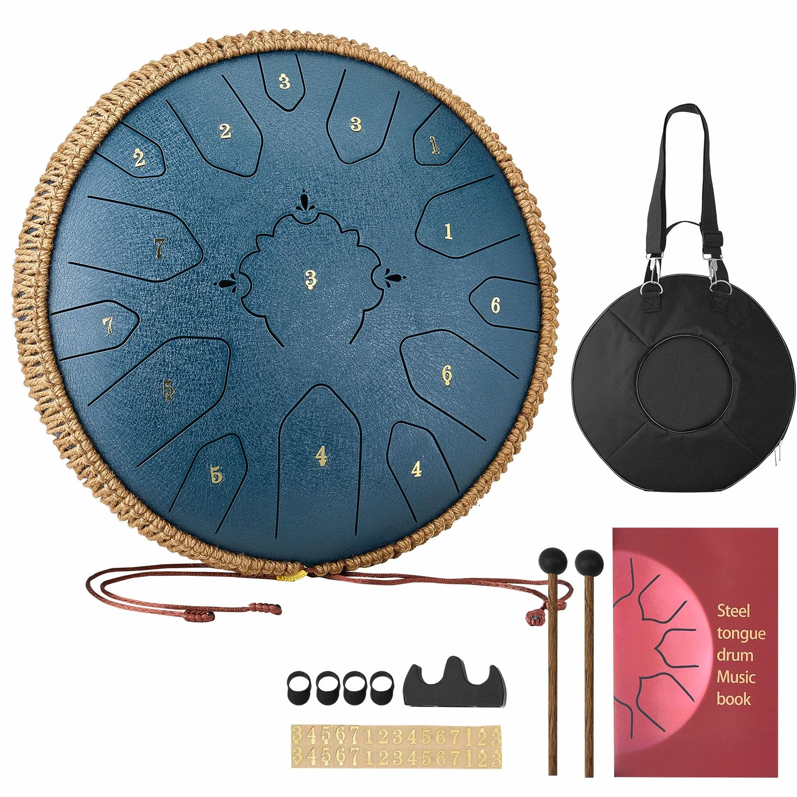 VEVOR Tamburo a Lingua d'Acciaio, Tamburo a Pioggia da 330 mm e 15 Note per Giardino Esterno, Tamburi Musicali in Do Maggiore con Libro di Musica e Bacchette, Strumento a Percussione, Blu Navy
