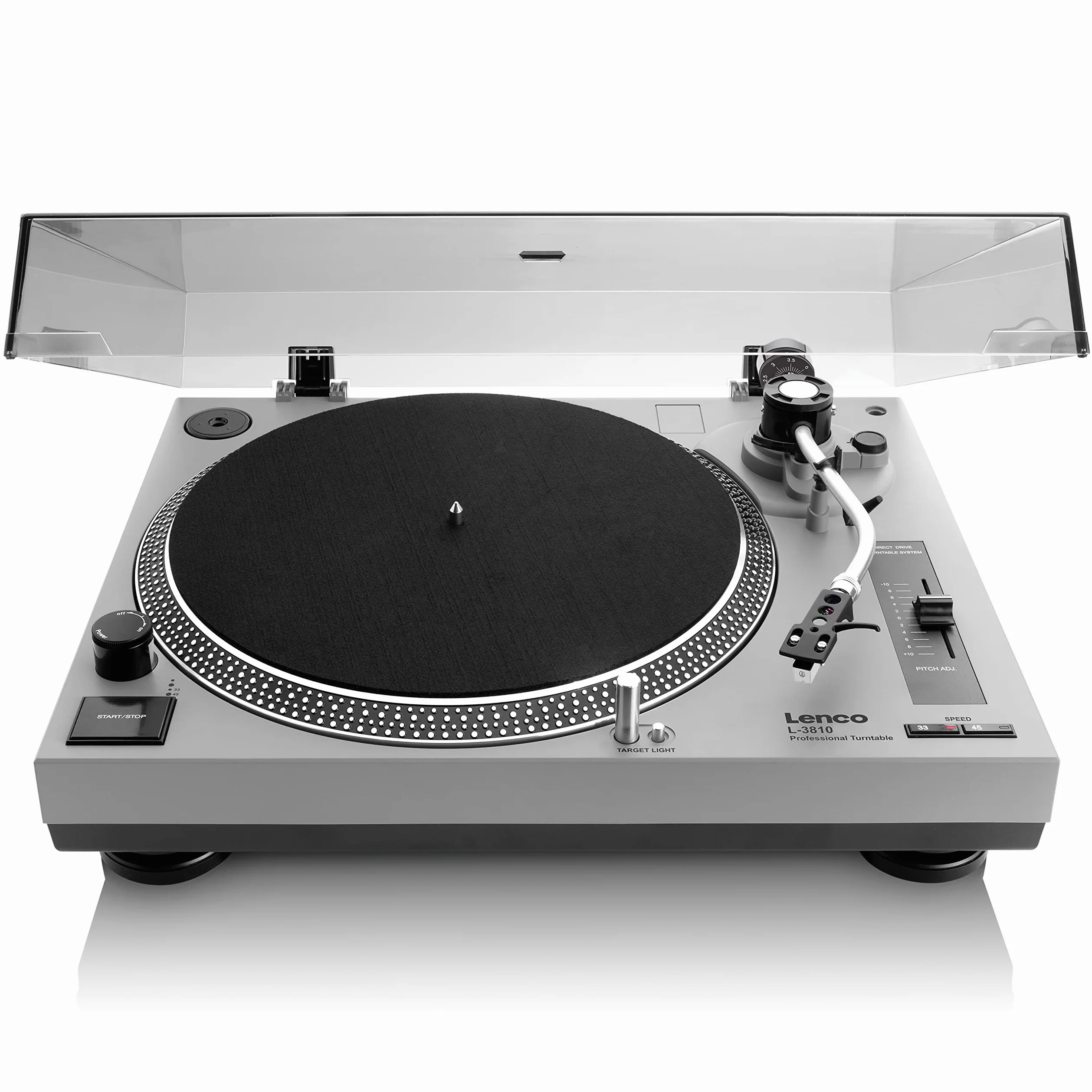 Lenco L-3810 Giradischi con azionamento diretto – Giradischi DJ – 33/45 giri/min – Pitch Control – Sistema di pickup magnetico – Illuminazione ago – Pitch Control – Grigio opaco