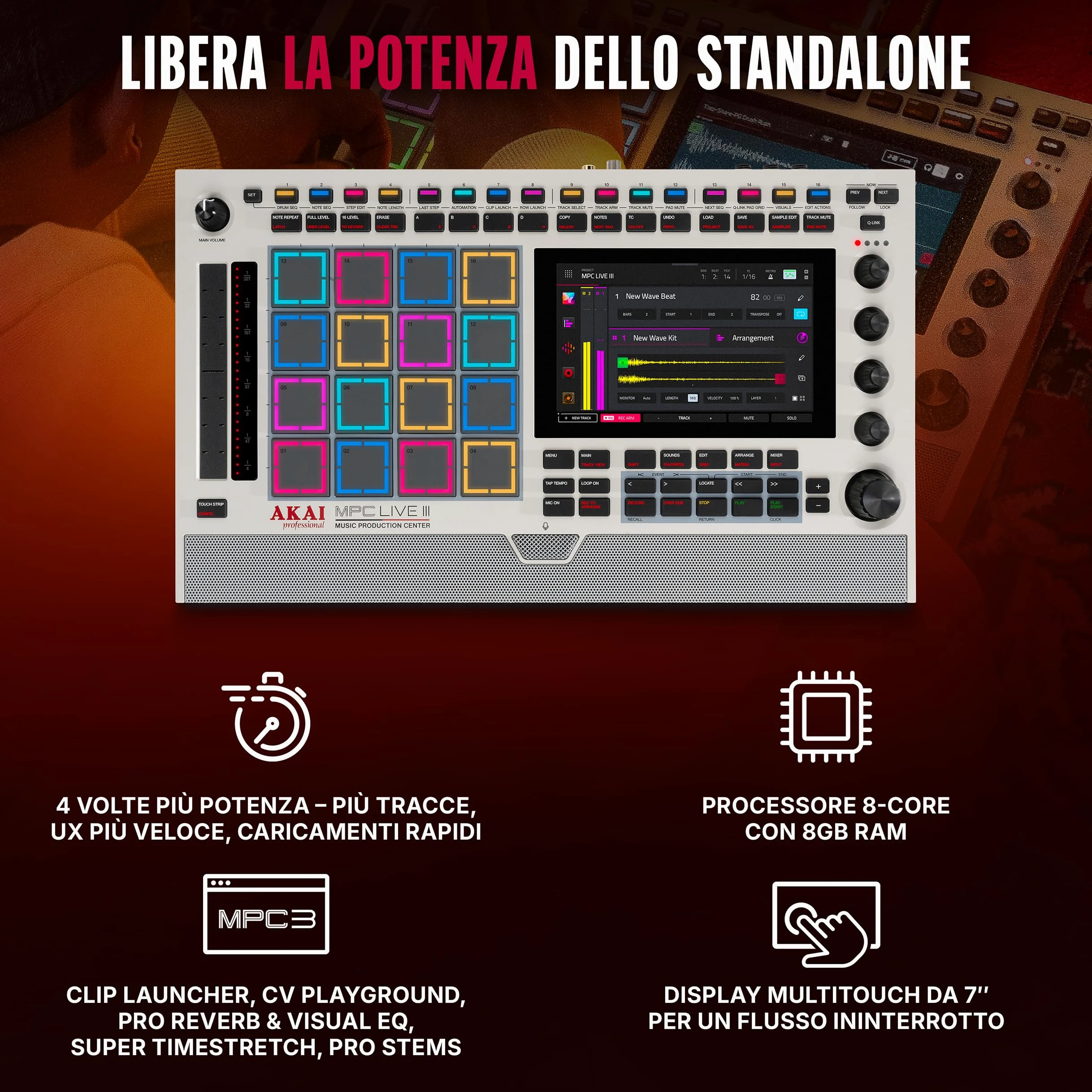 Akai Professional MPC Live III Retro Centro di Produzione Musicale Portatile Standalone con Pads MPCe, Sequencer, Touchscreen, Microfono, Monitor Stereo, Interfaccia Audio, Wi-Fi, Bluetooth, Batteria