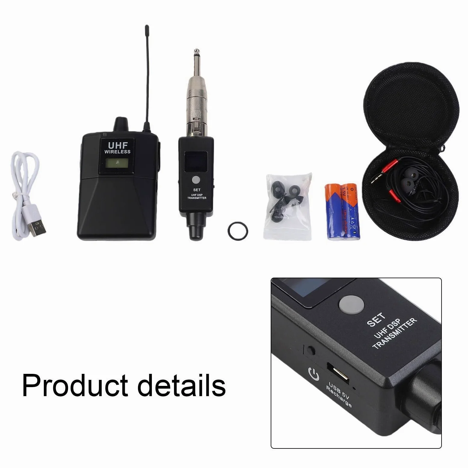 UHF - Sistema di monitor wireless in-ear con 20 canali, latenza < 5 ms per performance live e studio, audio HiFi 20 Hz-20 kHz, alloggiamento in ABS+metallo, compatto per cantanti e presentatori, nero