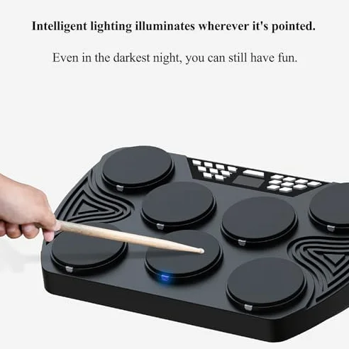 Batteria elettronica con 7 pad sensibili alla velocità e 2 altoparlanti stereo integrati, ideale per principianti e bambini in età scolare