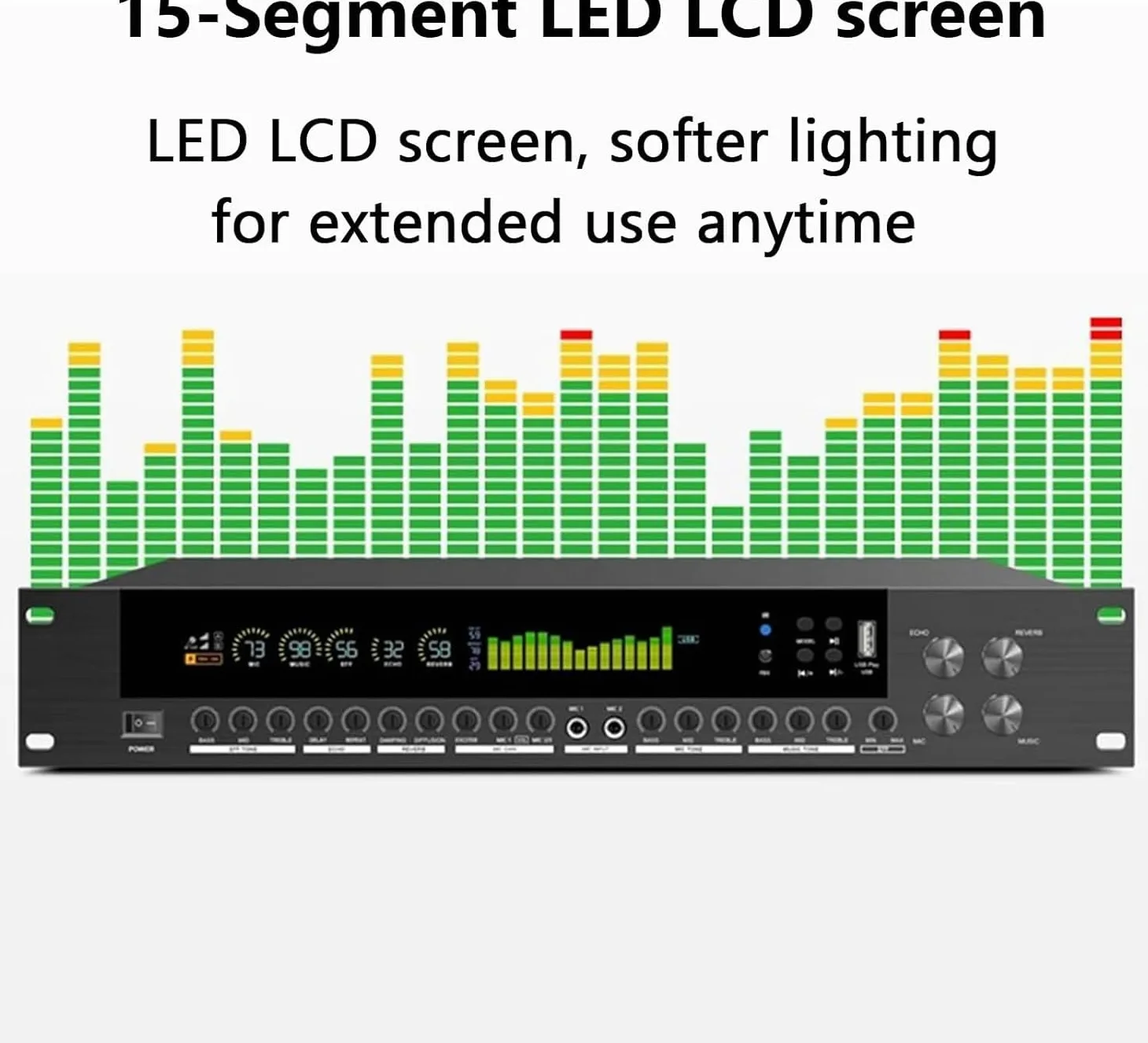 Processore audio digitale con equalizzatore a 15 bande con schermo LCD, telecomando, riproduzione USB/Bluetooth, anti-ulula, riverbero DSP multi-effetto