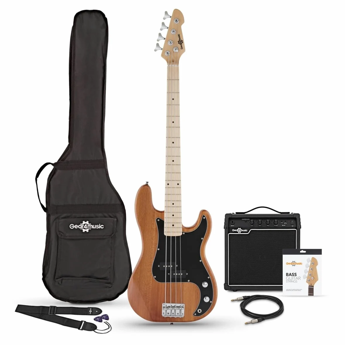 Basso LA Select + Pacchetto con Amplificatore da 15 W, Natural | Tono Chiaro e Deciso, Corpo in Frassino con Manico in Acero, Humbucker Split Coil, Ampli 15W e Accessori Inclusi