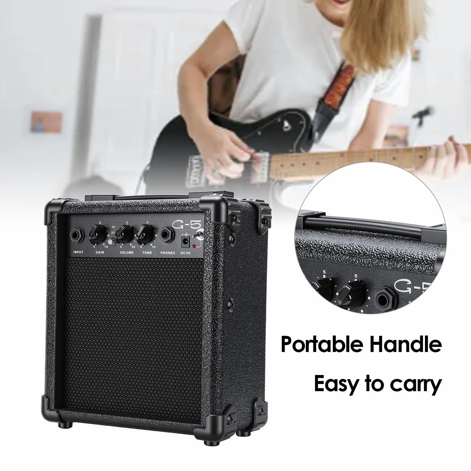Mini Amplificatore per Chitarra da 5 W con Jack per Cuffie Doppio Altoparlante Amplificatore per Chitarra Elettrica Portatile per Esercitarsi in Viaggio e Ascolto di Musica
