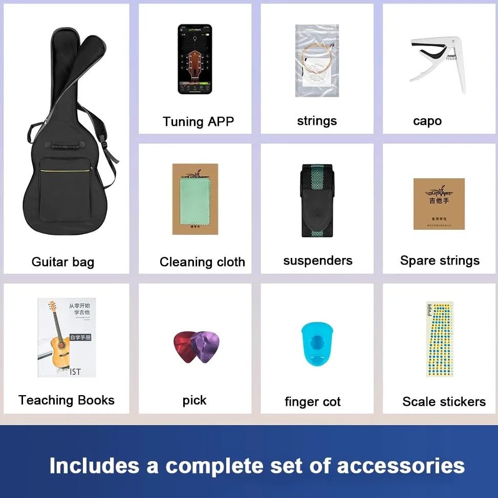 Chitarra acustica da 96 cm, per principianti, adulti, adolescenti, con kit di accessori, include custodia, accordatore, corde in acciaio, capotasto, tracolla