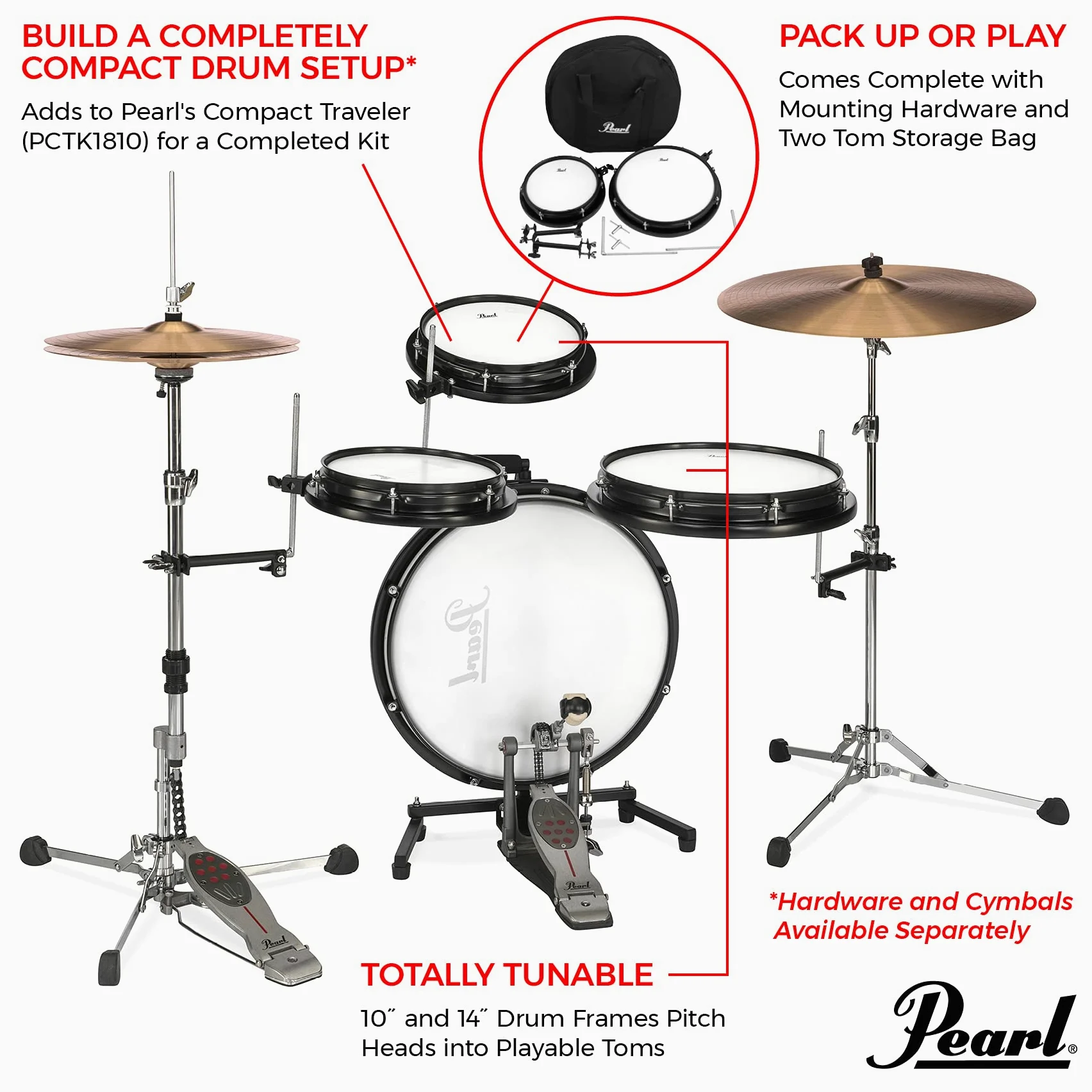 Pearl Compact Traveler - Batteria per grancassa da 45,7 cm e rullante da 25,4 cm, con custodia (piatti e hardware venduti separatamente)