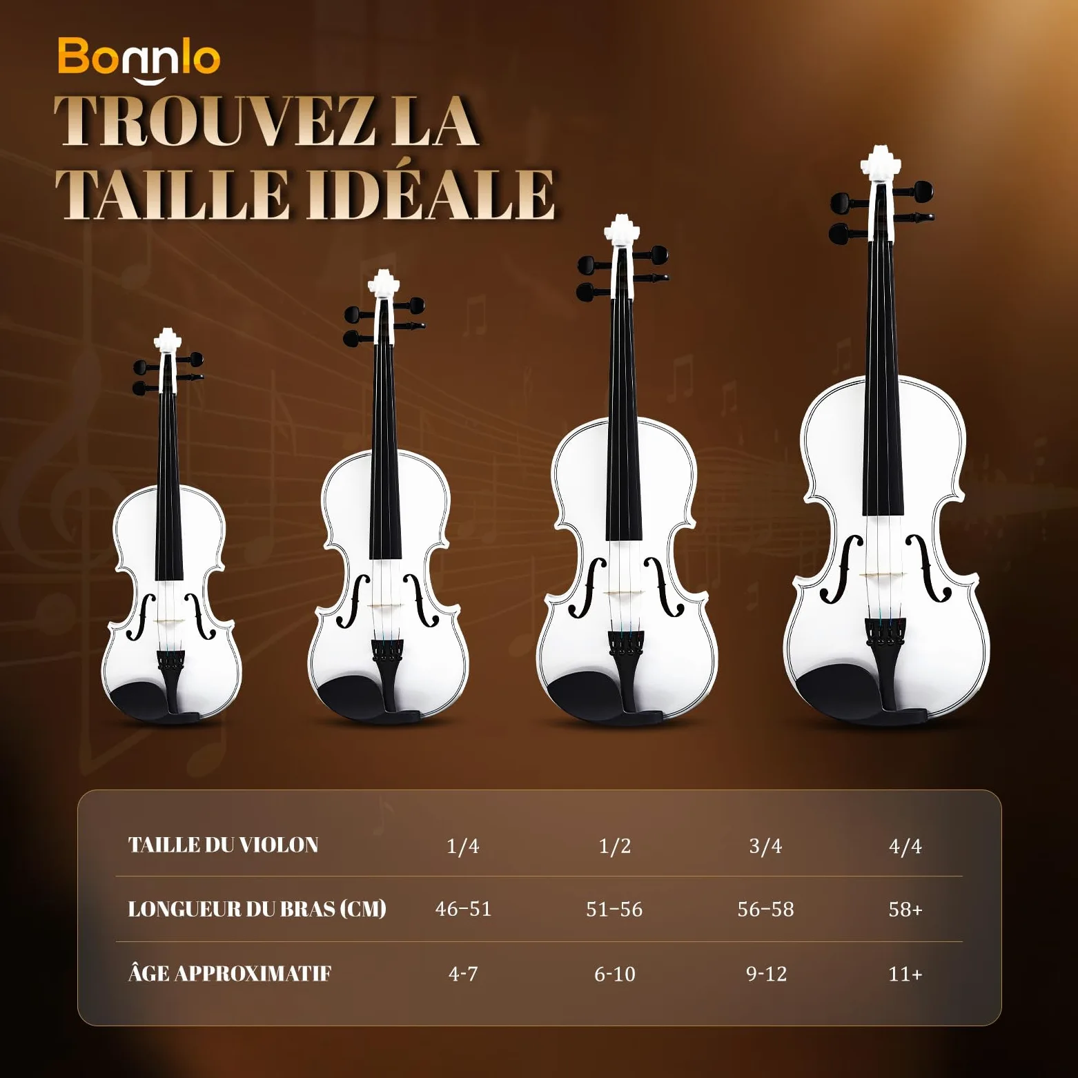 Bonnlo Violino per Bambini e Principianti, Misure 1/4, 1/2, 3/4 e 4/4, Violino in Legno Compensato di Tiglio con Acro in Legno Rosso, Astuccio, Colofonia e Mentoniera, 4/4, Bianco