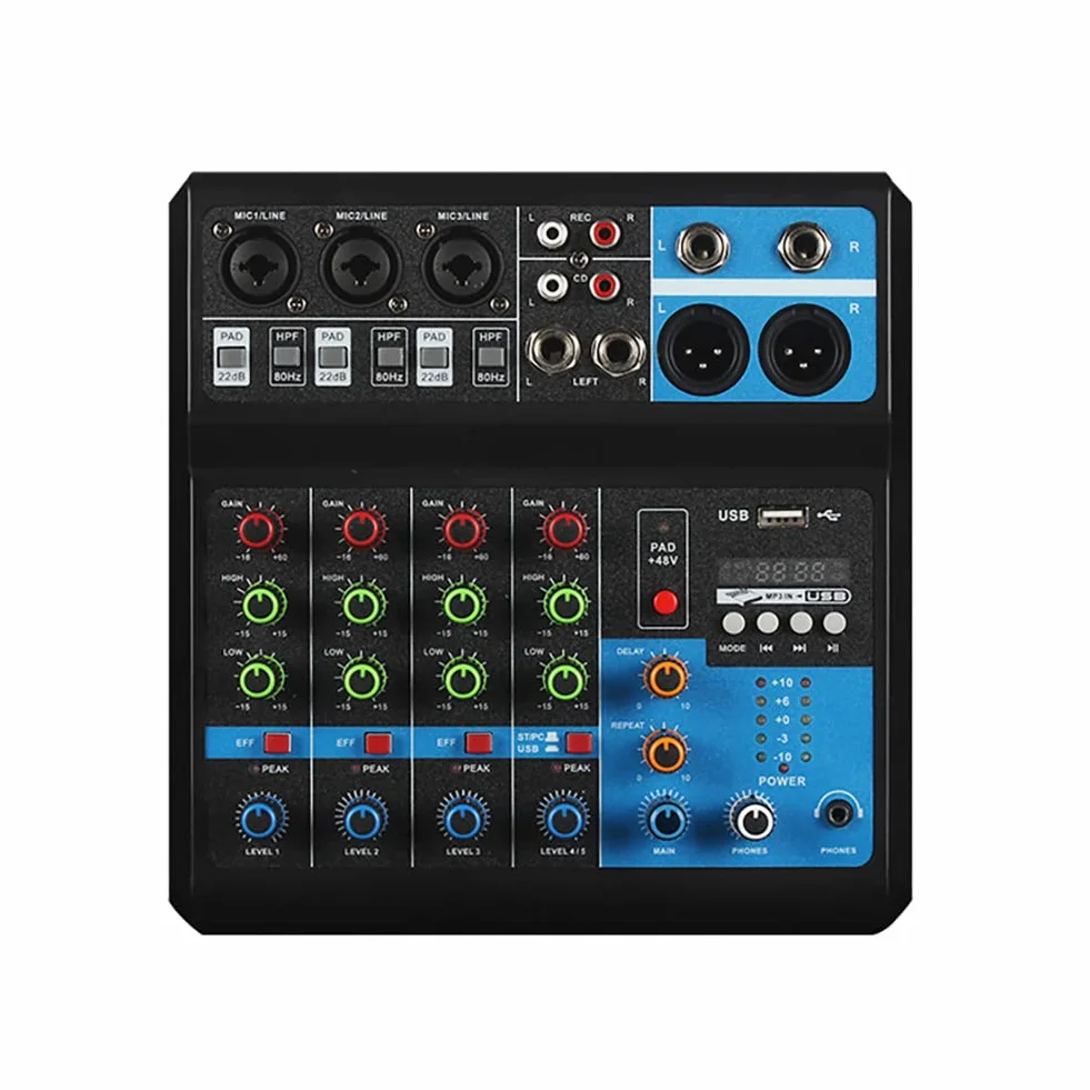 Mini Mixer Audio Professionale Mixer 5 Canali USB Wireless Riproduzione 48V Alimentazione Phantom per Registrazione PC (5 Canali)