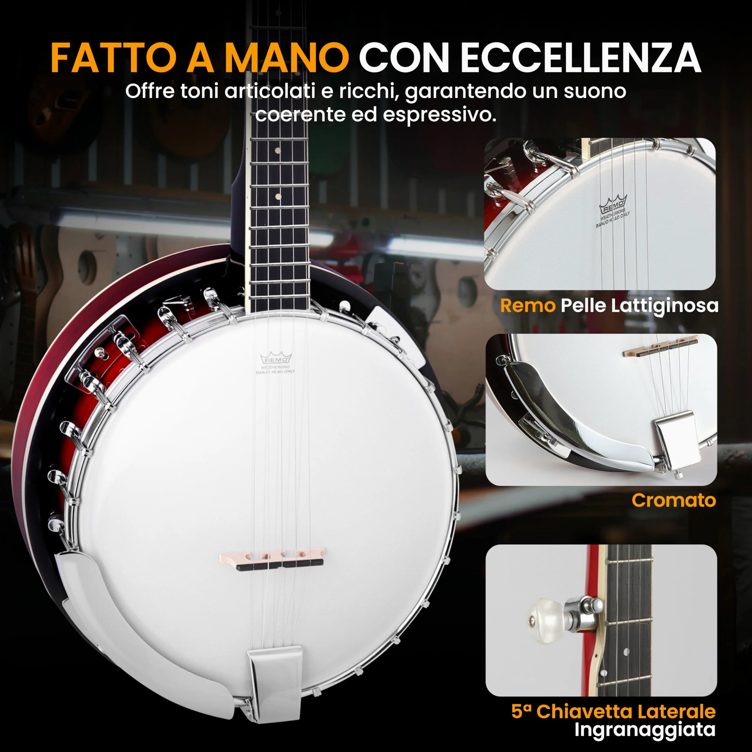 Pyle Kit Iniziale Banjo a 5 Corde con Risonatore, Staffa 24, Tamburo Remo, Retro in Legno Duro, Accordatore, Plettri, Tracolla e Borsa