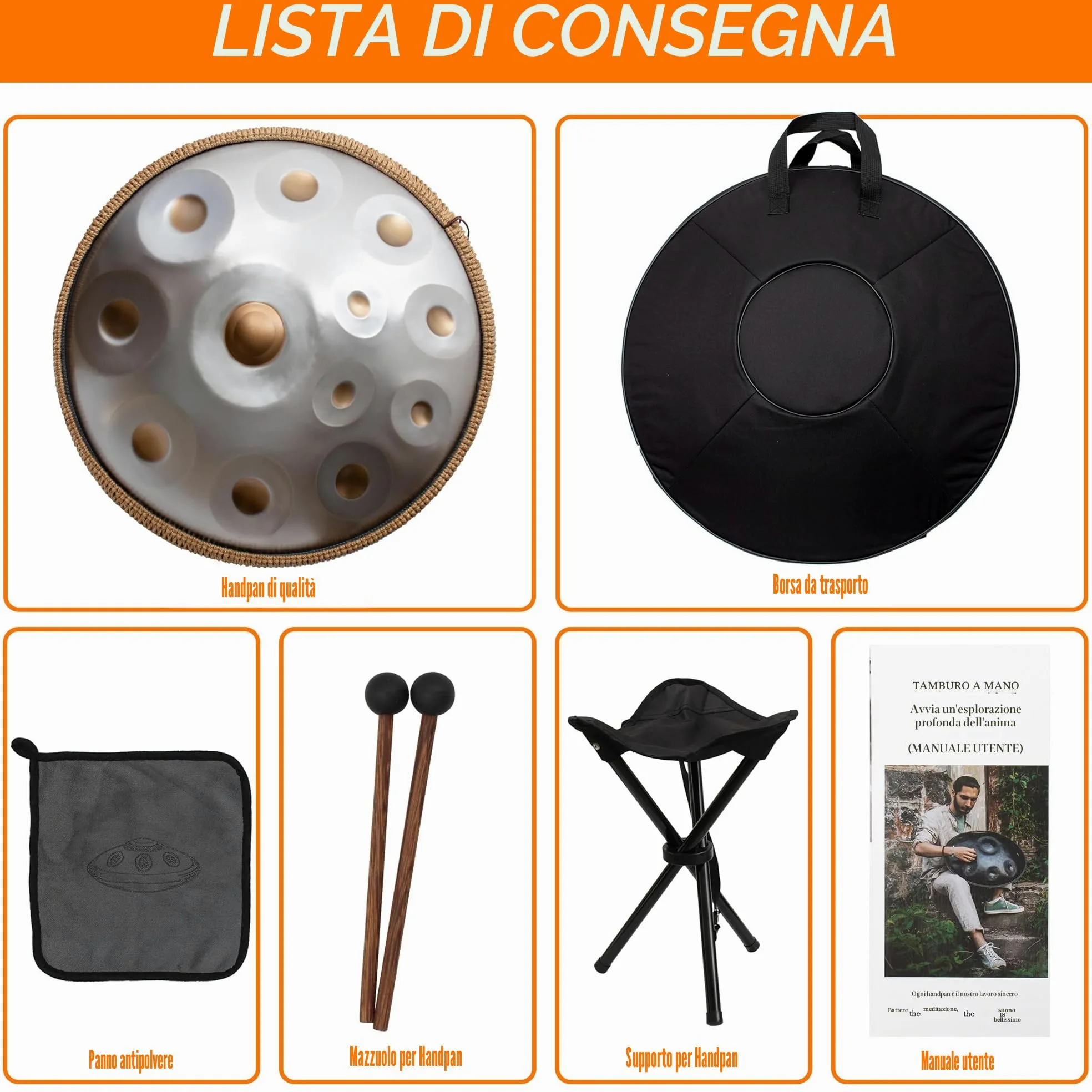 Handpan 440 HZ Avanzato, Hand Pan 12 Note 22 Pollici, Tamburo-Acciaio in D Minore, Tamburo a Mano con Borsa per Trasporto e Supporto, Steel Drum per Sound Healing, Meditazione, Argento