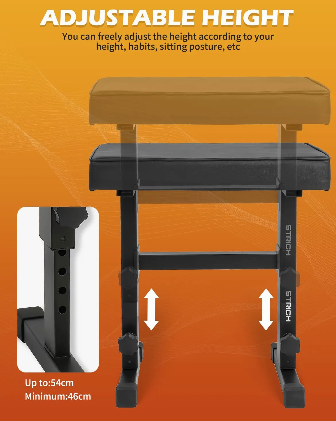 STRICH Sgabello regolabile per pianoforte, sedile per tastiera musicale, sgabello per pianoforte, sedia con cuscino imbottito per musicisti, nero, SPB-M50 (pelle PU)