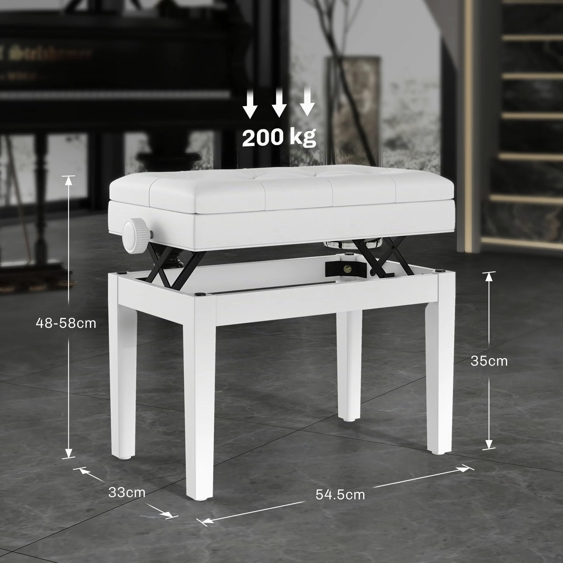 HOMCOM Sgabello Pianoforte con Altezza Regolabile 48-58 cm 200 kg Bianco | Panca Pianoforte, Vano Contenitore, Seduta Imbottita, Pelle PU, Gambe Legno di Caucciù, per Tastiera, per Pianola