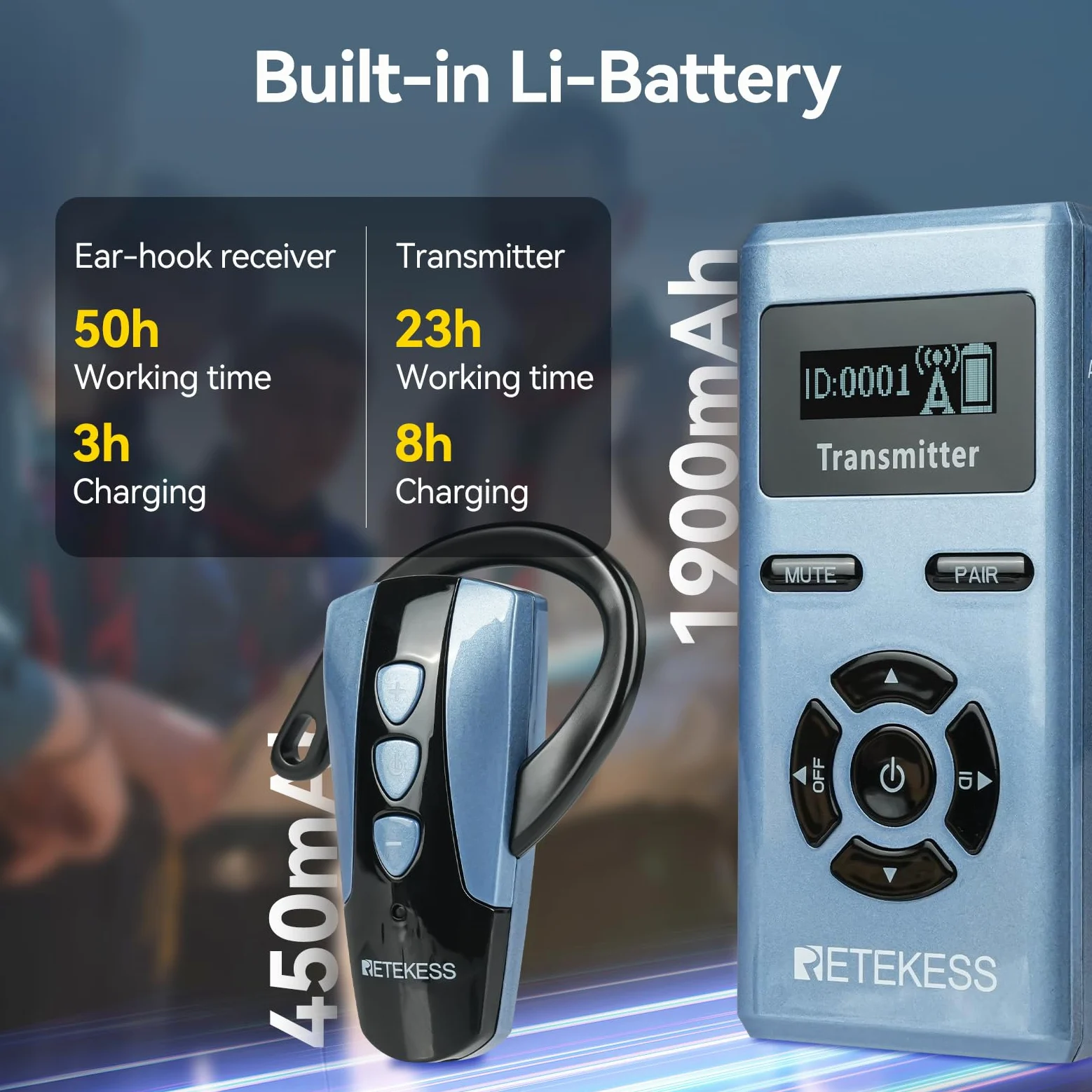 Retekess TT106S Sistema di Guida Turistica Wireless, Ricevitore a Gancio Auricolare, 2.4G, Controllo un-tocco, Porta di Ricarica USB, con Borsa di Stoccaggio (2 Trasmettitori, 20 Ricevitori)