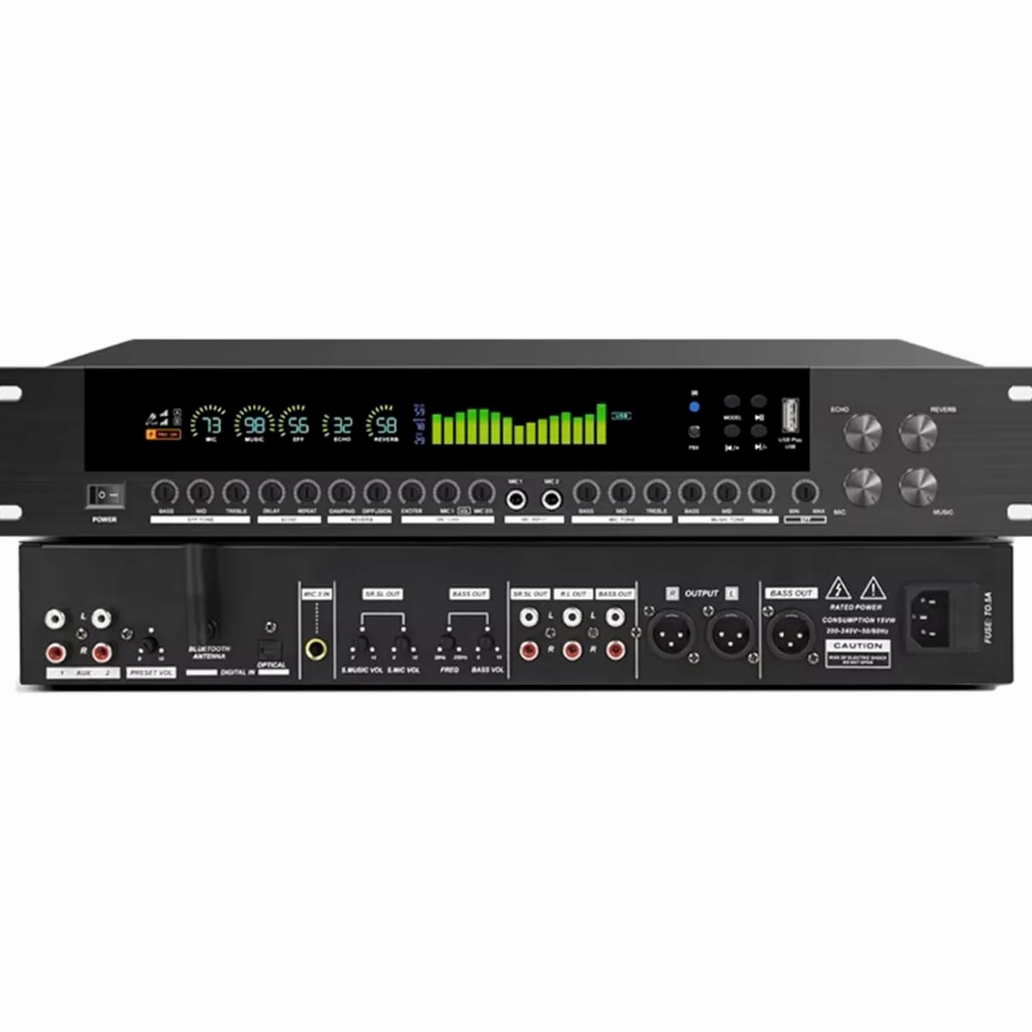 Processore audio digitale con equalizzatore a 15 bande con schermo LCD, telecomando, riproduzione USB/Bluetooth, anti-ulula, riverbero DSP multi-effetto