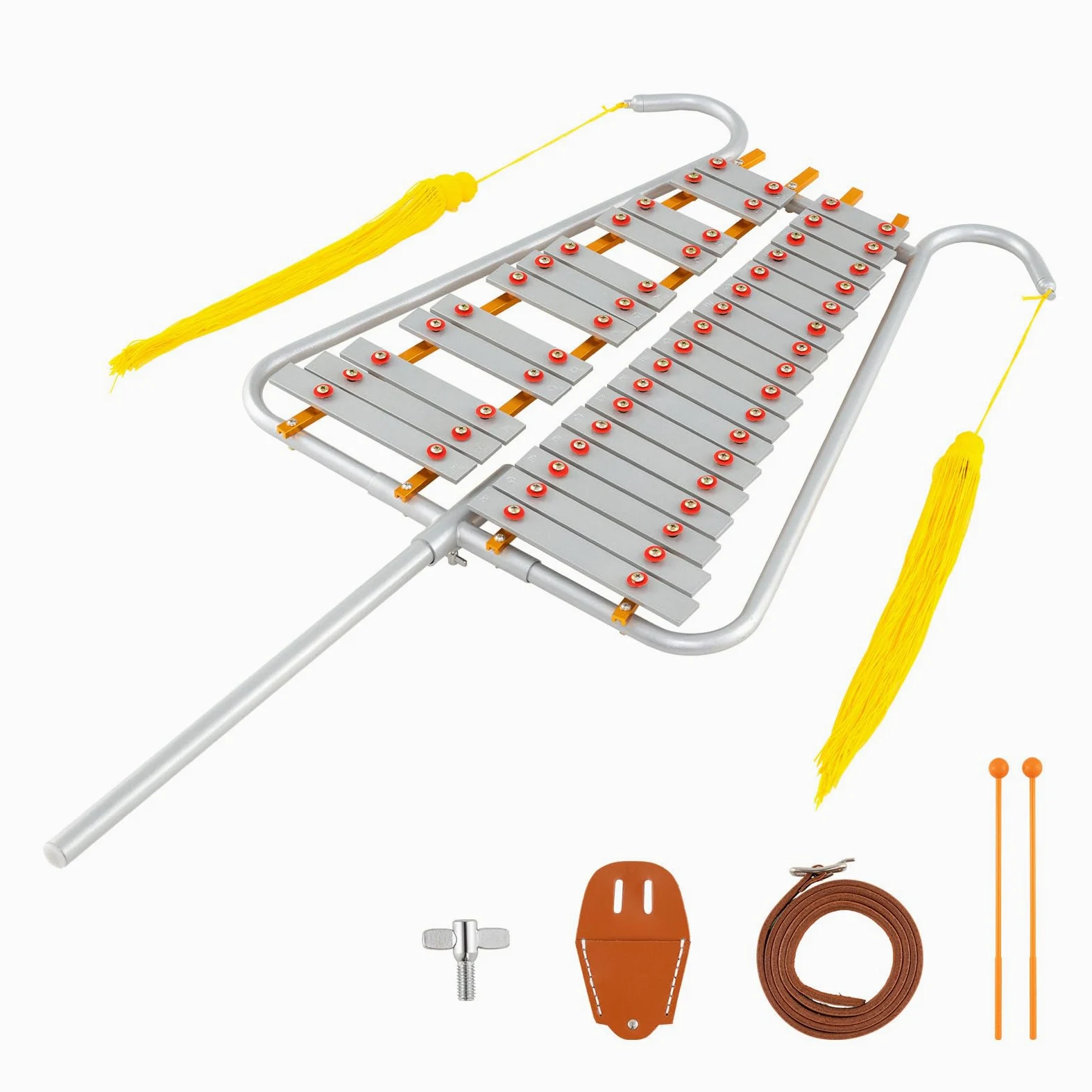 KOMFOTTEU Xilofono di marcia a 29 note in alluminio con manico regolabile | Carillon strumento a percussione con 2 mazzoli e cintura, per principianti e professionisti