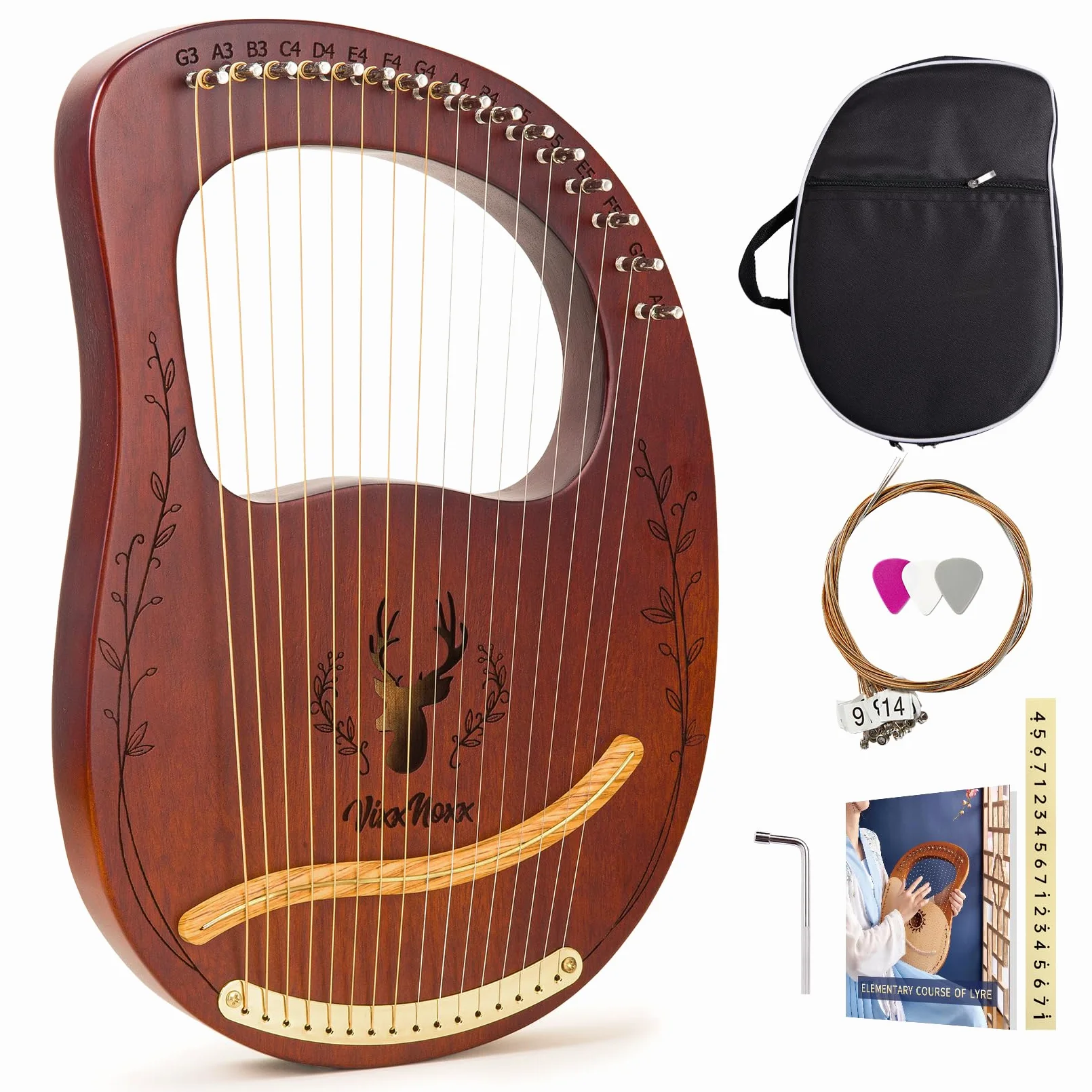 Lyre Harp Kit, Arpa in Mogano 16 Corde, Strumenti Musicali a Corda con Chiave, Istruzioni per L'Uso (Lingua Italiana Non Garantita) per Principianti e Adulti
