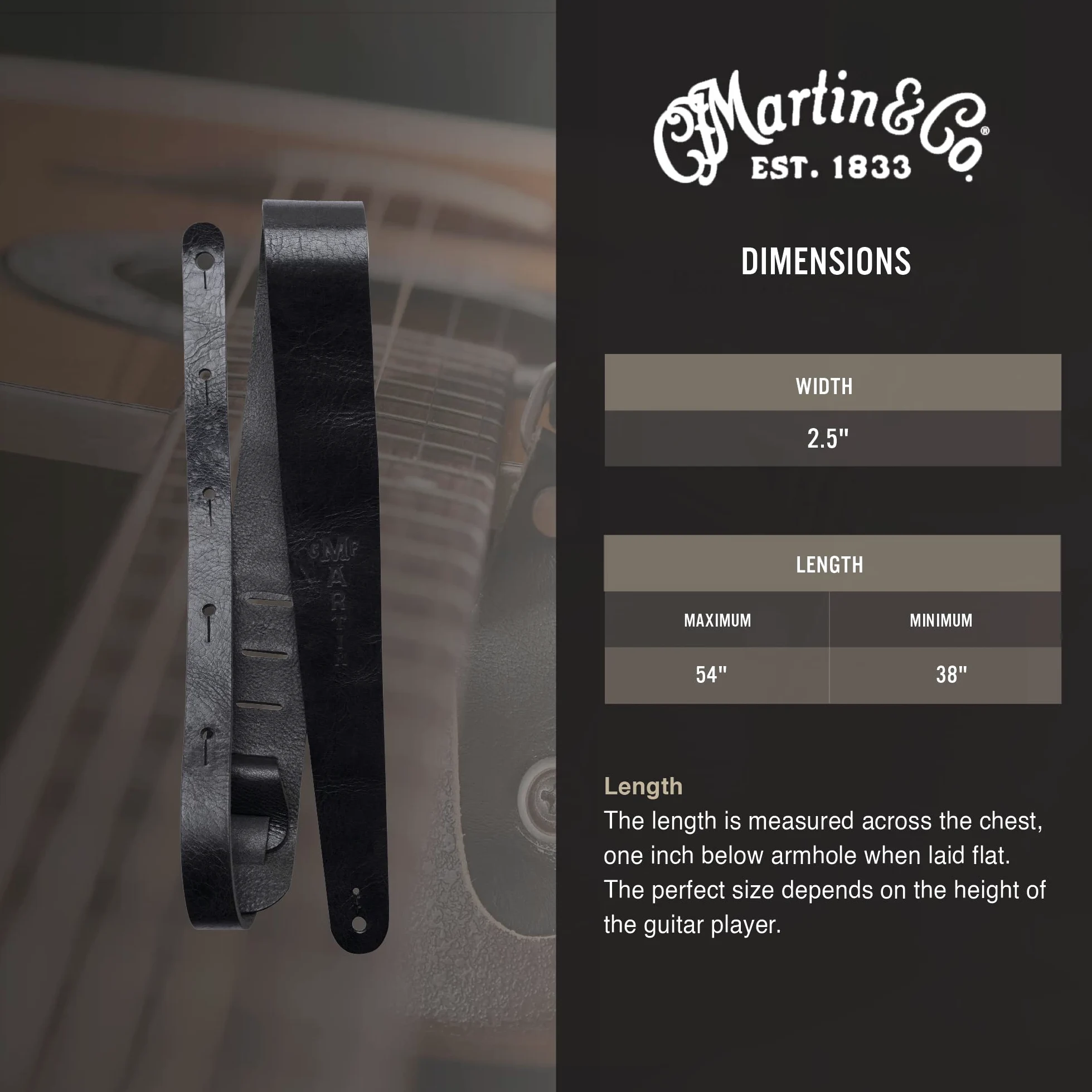 Martin & CO. – Tracolla Vintage Leather per Chitarra Acustica/Elettrica – Pelle Nera – Larghezza 5,4 cm – Lunghezza 137 cm – Made in USA (18A0064)