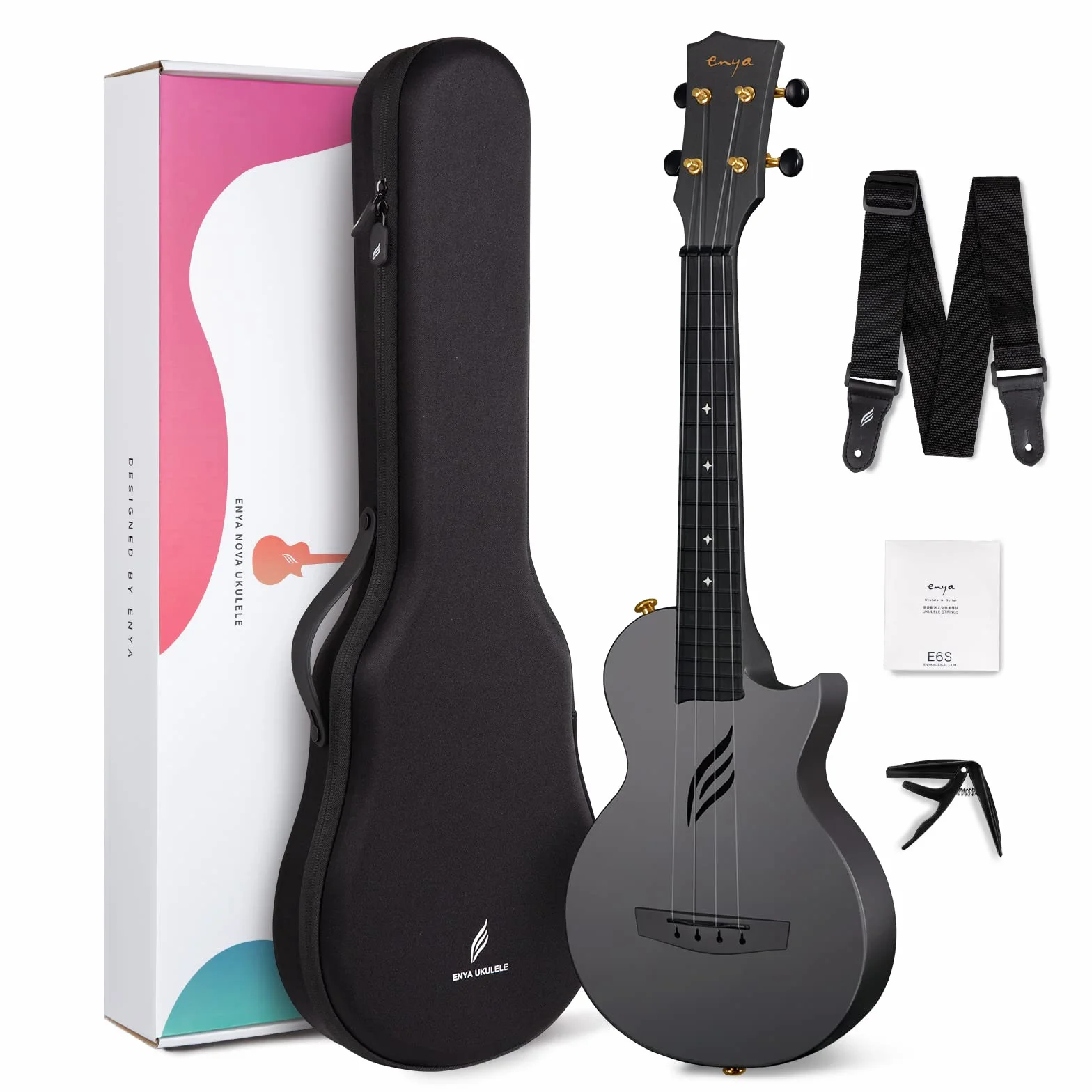 Ukulele Concerto Enya Nova U 23 pollici ukelele kit per principianti e Professionale con tutto il corpo in fibra di carbonio,borsa imbottita,tracolla,capotasto,corde di scorta(nero)