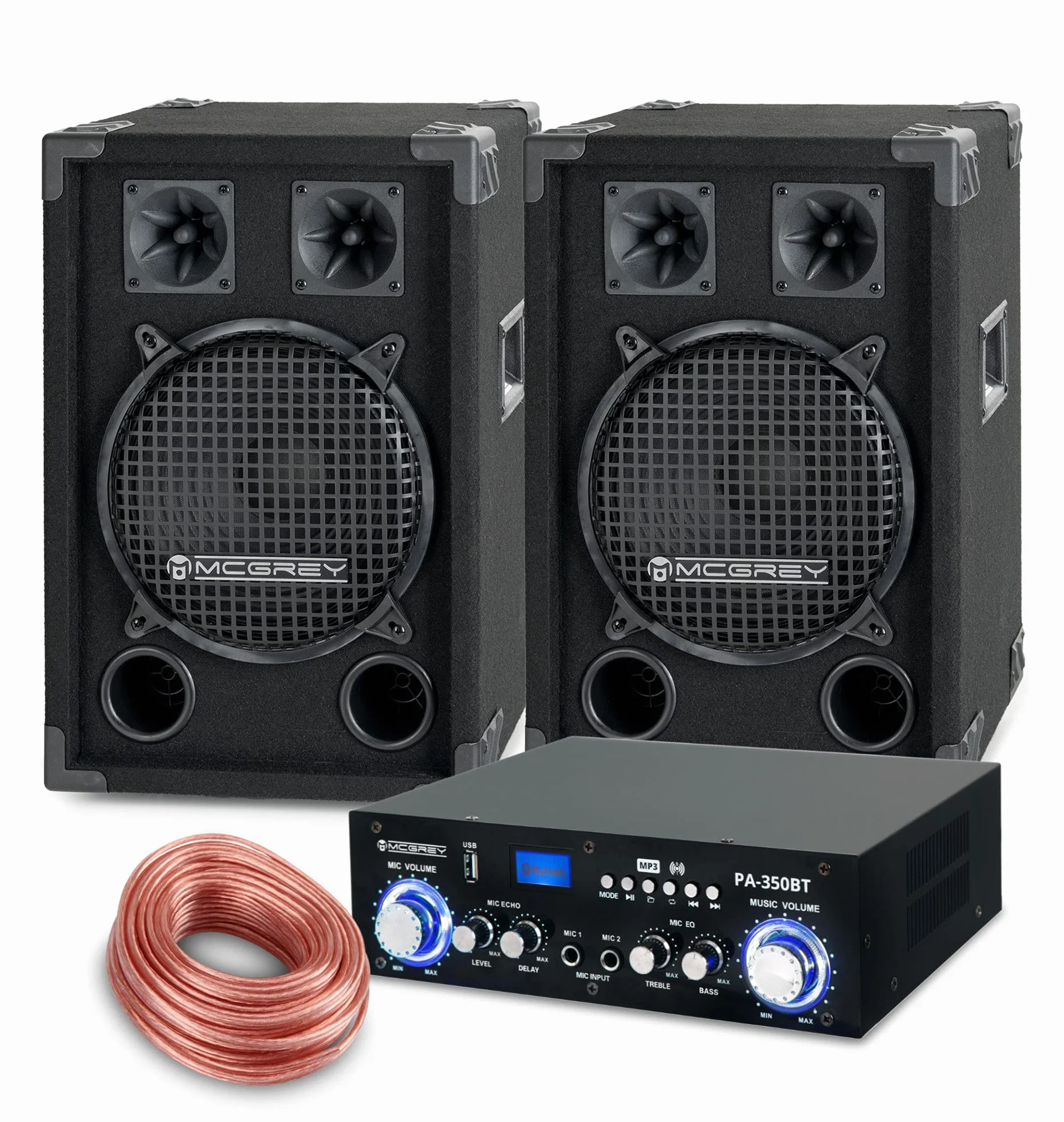 McGrey PA Completo PowerDJ-1200 800W, Altoparlanti McGrey DJ-1022 | Cassa a 2 vie con woofer da 10" (25cm) e due tweeter piezo, 200W RMS (400W MAX), Cabinet in legno stabile e maniglie, 3 mm