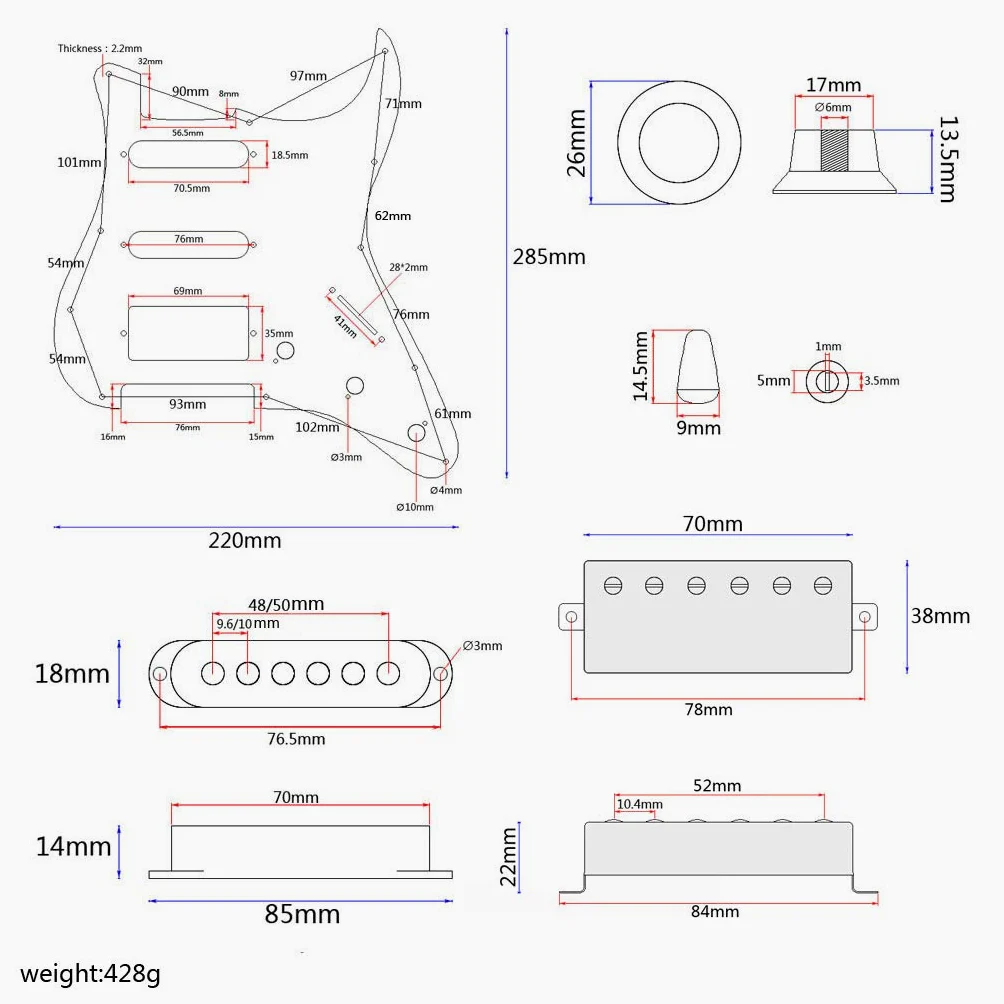 Alnicov Set battipenna precablato caricato SSH Pickup humbucker a bobina singola SSH Alnico V ， per sostituzione chitarra elettrica Fender Strat ST ， Nero