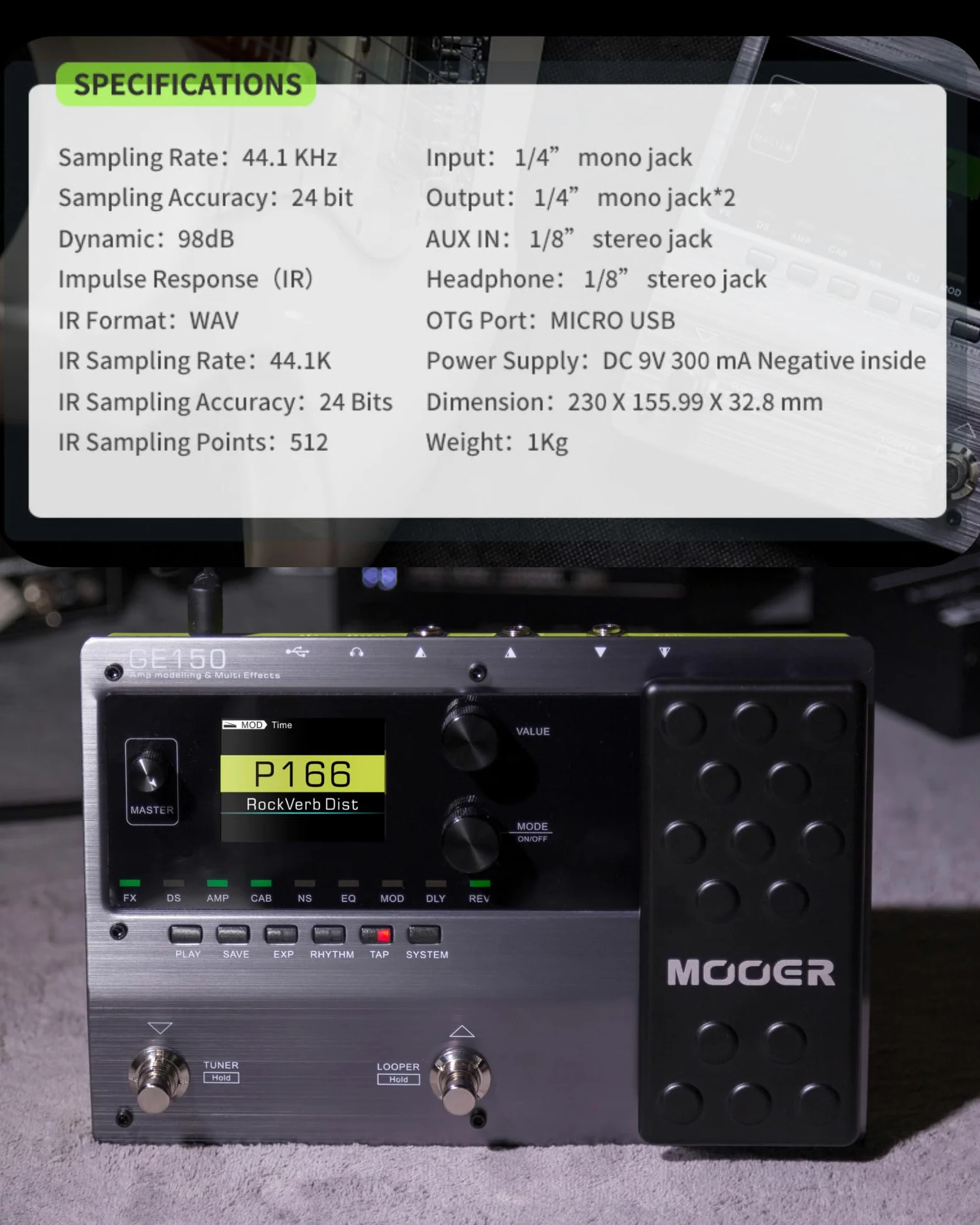MOOER GE150 - Pedale di modellazione per amplificatore per chitarra elettrica, processore portatile multi-effetto con espressione e ricarica IR per spettacoli dal vivo, streaming live, studio a casa