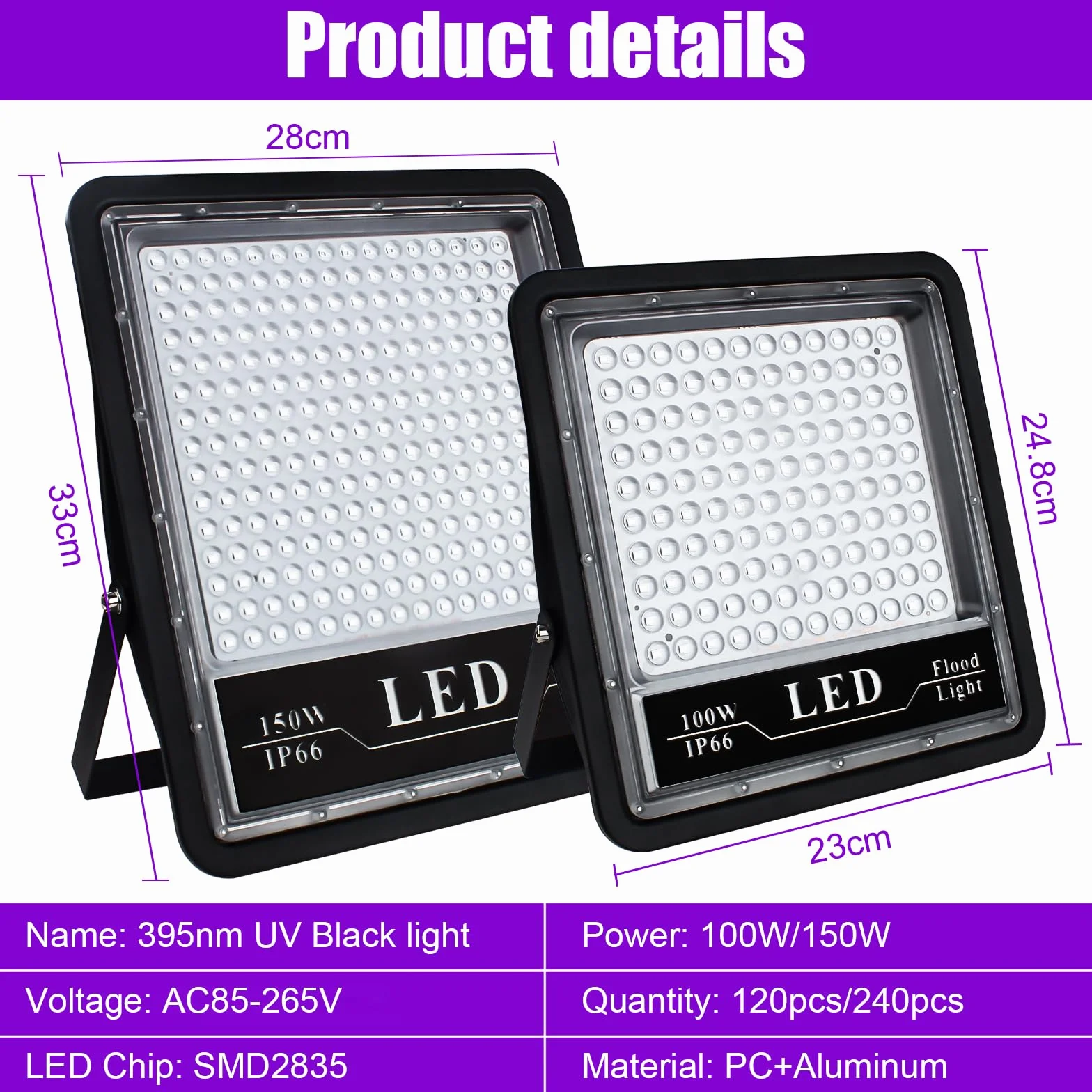 Eleganted Luce Nera UV, 100W Faretto UV LED con Spina, IP66 Impermeabile Faretto Ultravioletta 395-405nm Black light per Festa,Pittura Fluo,Poster Fluorescente,Bar,Halloween,Party,Discoteca