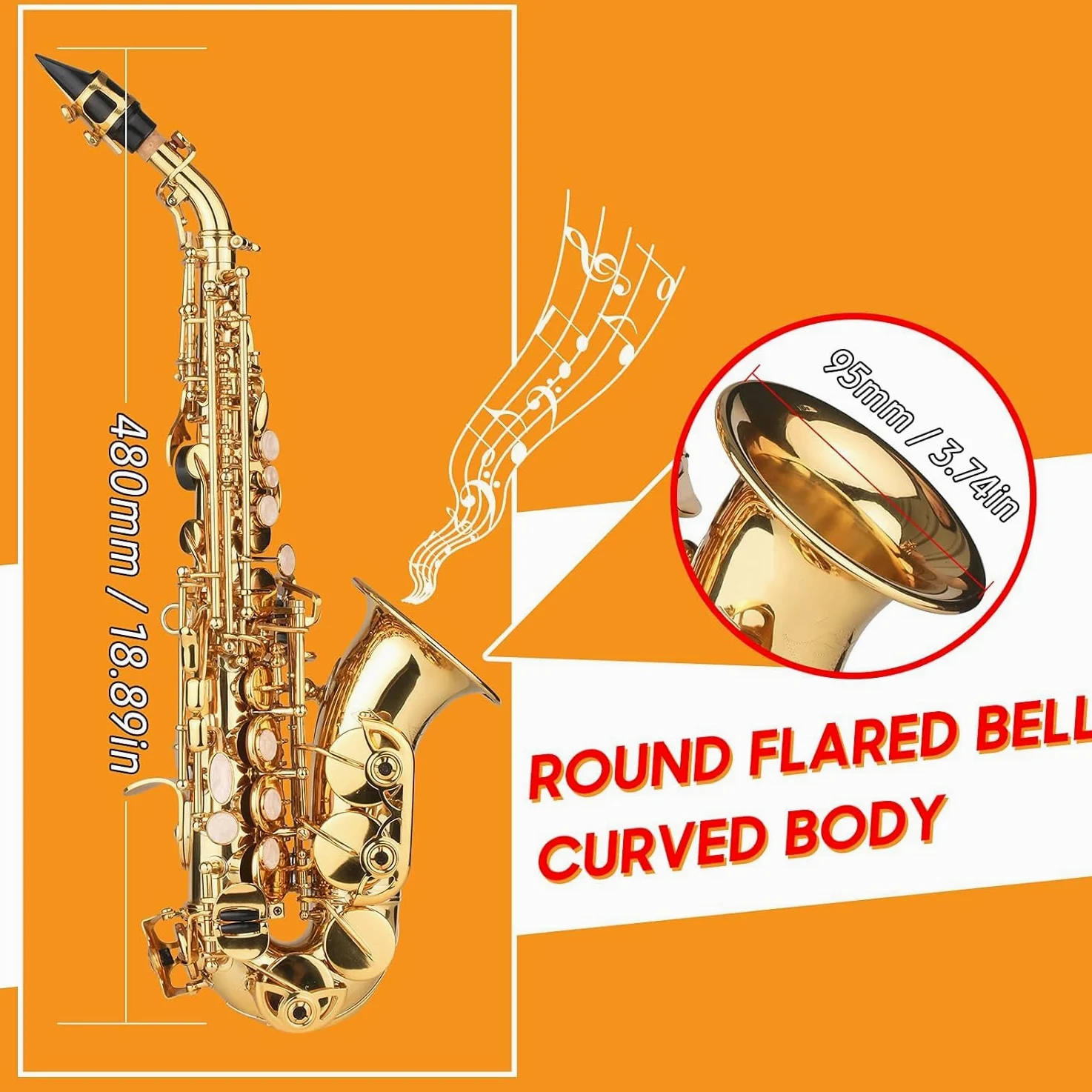 Sassofono, Sassofono Soprano in SIB Lacca Dorata Sax in Ottone con Custodia per Strumento Bocchino Tracolla Panno per Pulizia Spazzola per Musicisti Principianti